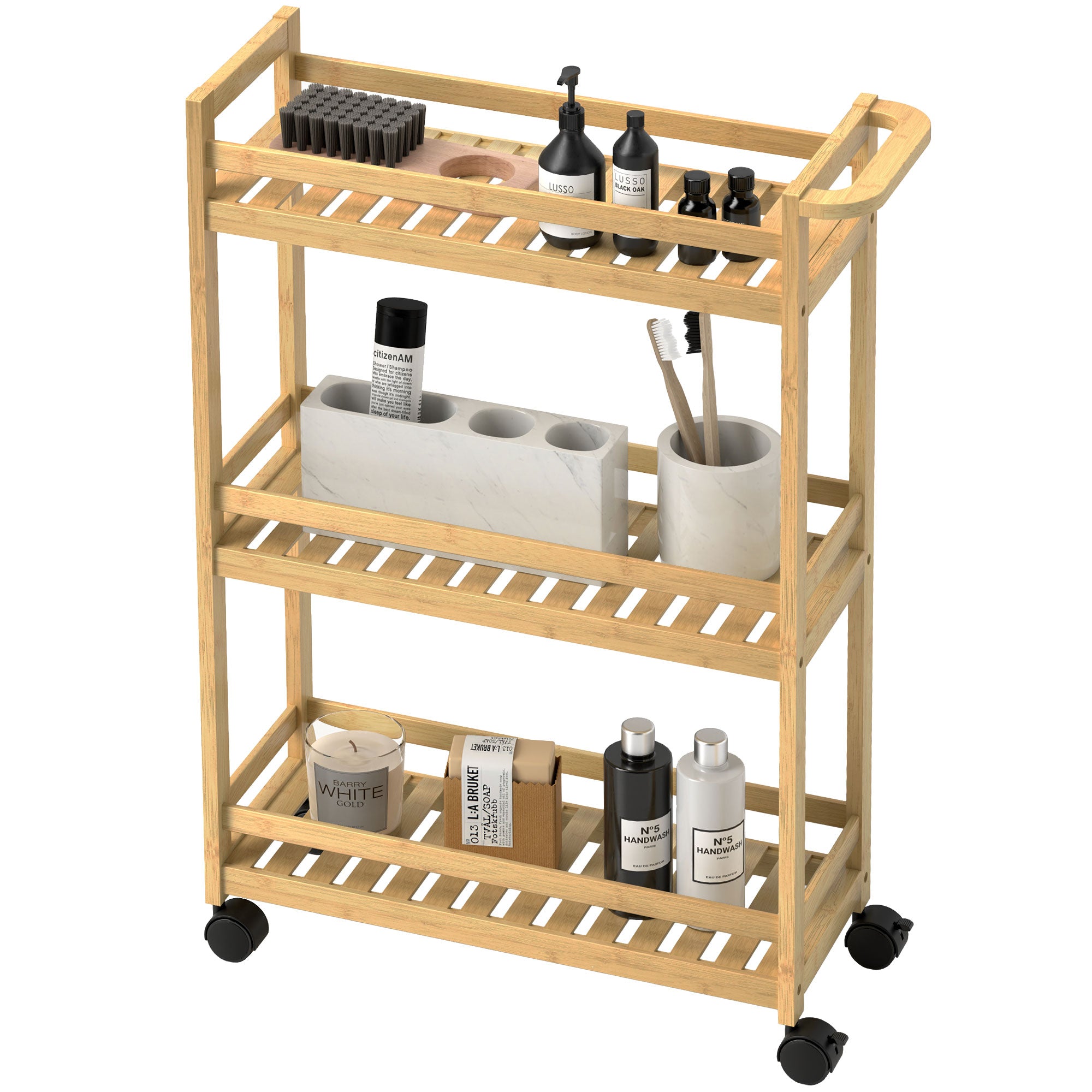 HOMCOM Servierwagen, 3 Etagen, Lamellenböden, Herausfallschutz, Bambus, 55 x 20 x 75 cm