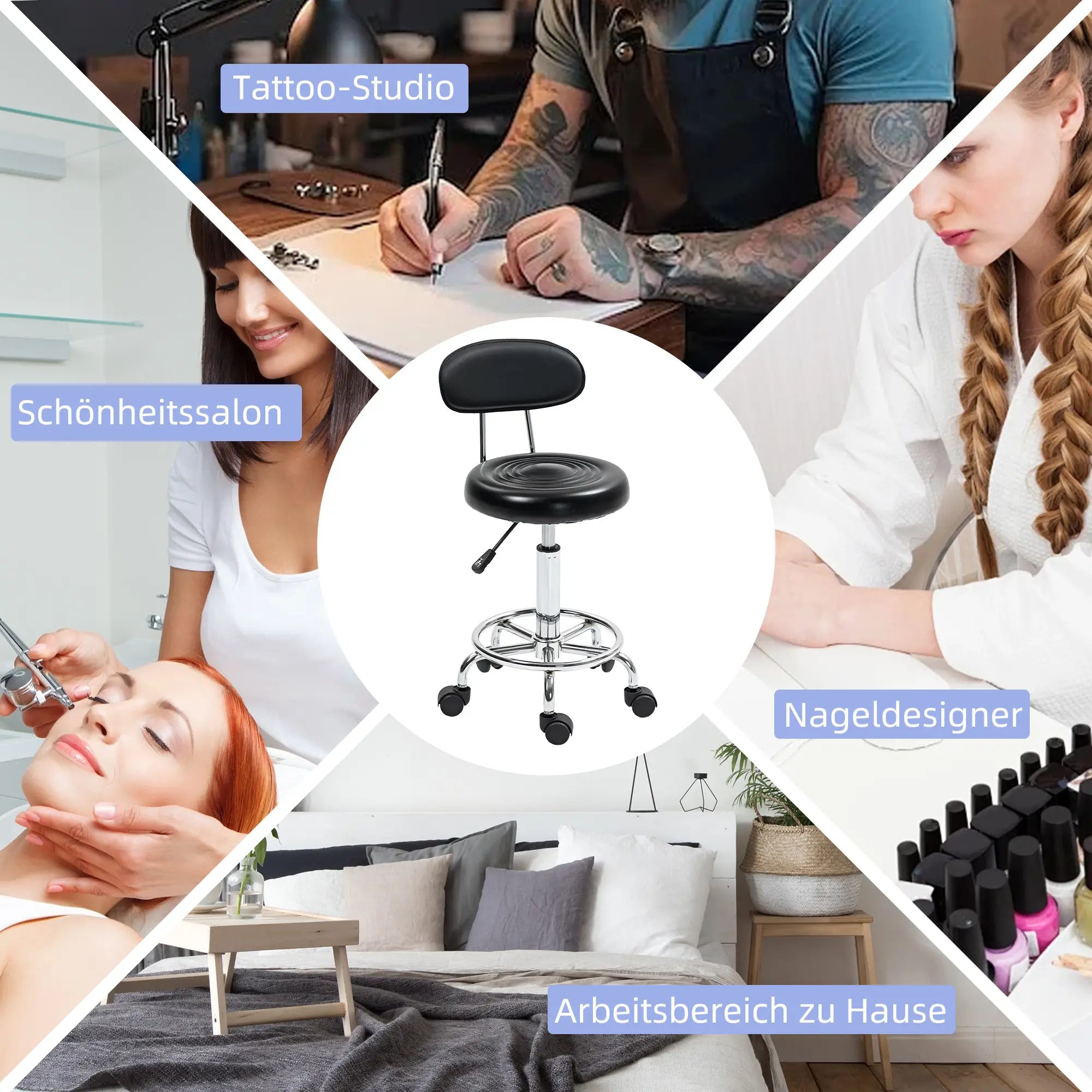 HOMCOM Rollhocker mit Lehne & Fußstütze, höhenverstellbar, Schwarz