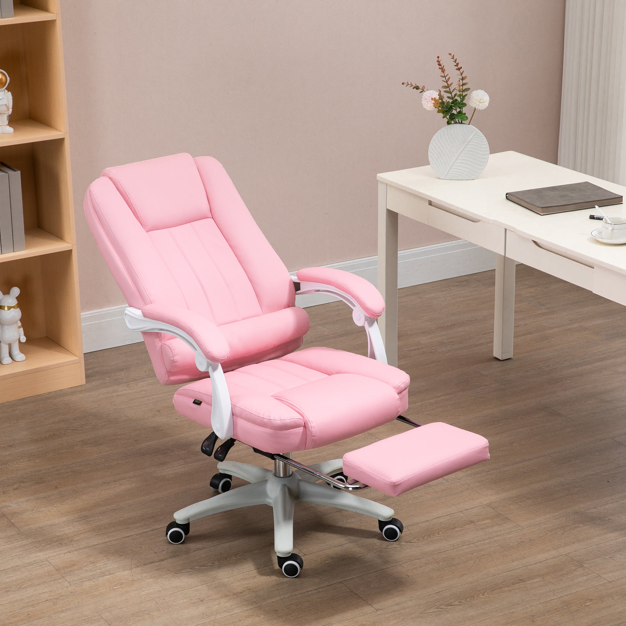 Vinsetto Bürostuhl mit Fußstütze, verstellbare Rückenlehne, höhenverstellbar, 5 Rollen, Rosa + Weiß