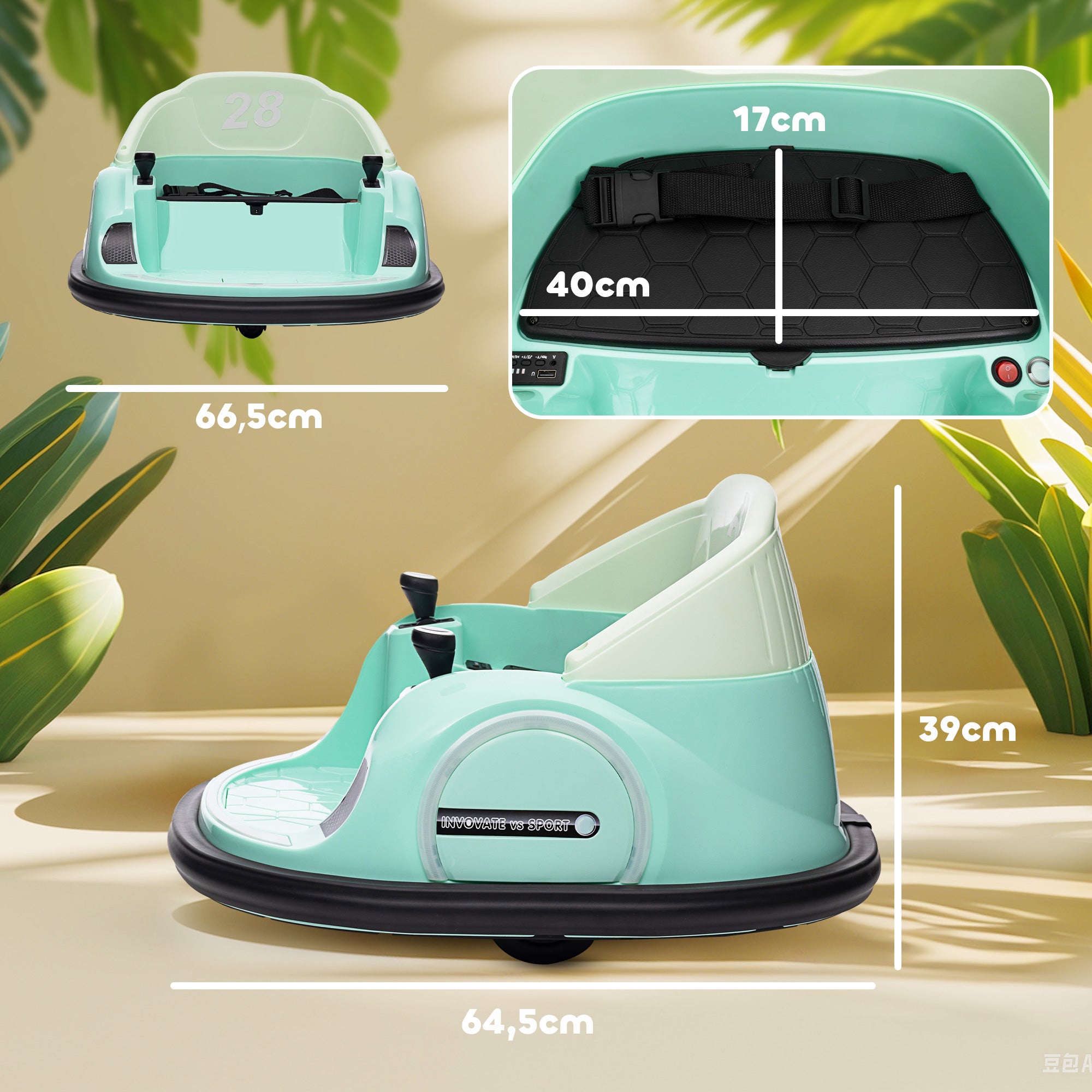 AIYAPLAY Autoscooter, 360° Rotation, 2 km/h Geschwindigkeit, Sicherheitsgurt, LED-Lichter, Musik und Hupe, Grün