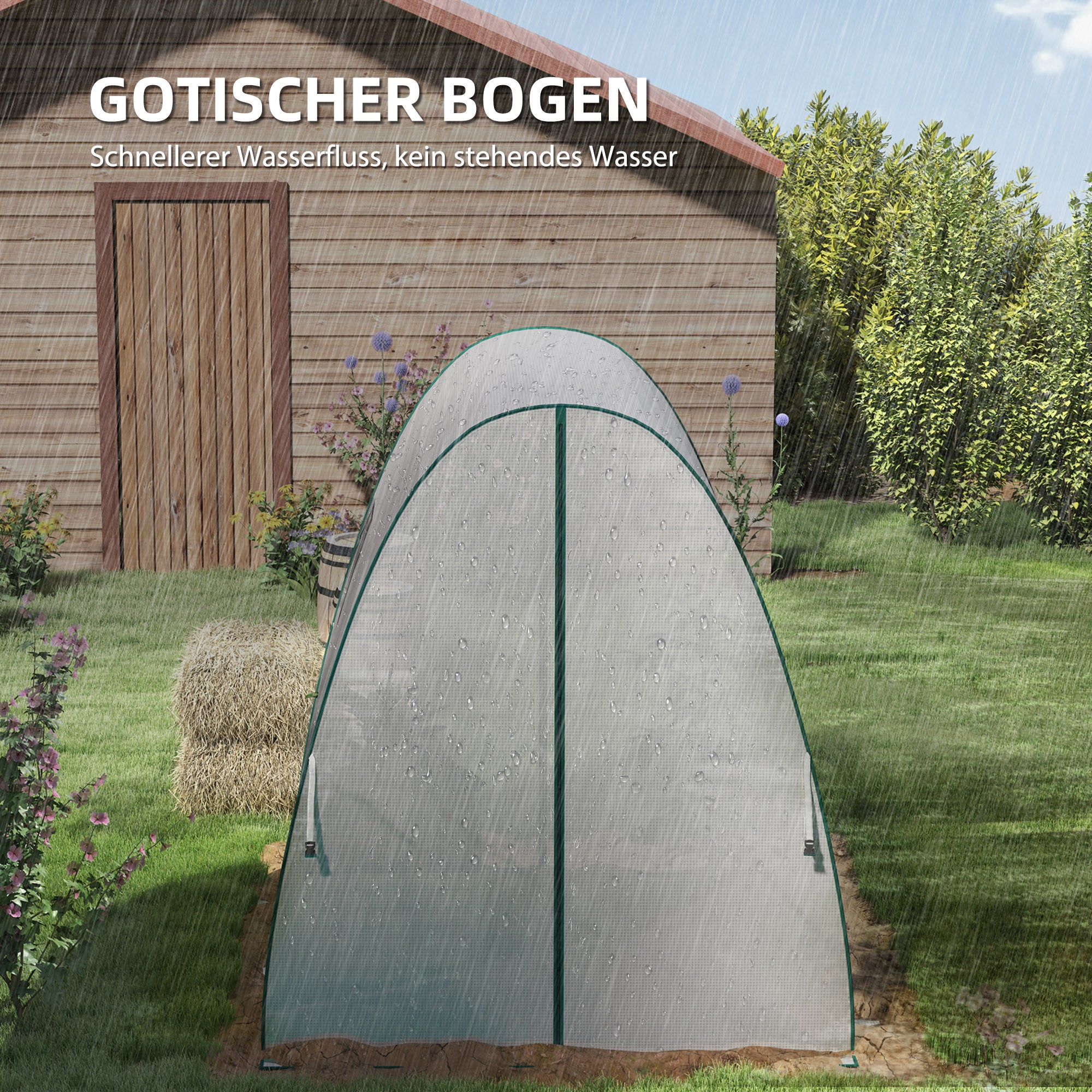 Outsunny Bogen-Gewächshaus mit Sandsäcken und Kunststoff-Abdeckung, 2 Rolltüren, Netzfenster, tragbar, 1,8 x 1,8 x 2 m, Weiß