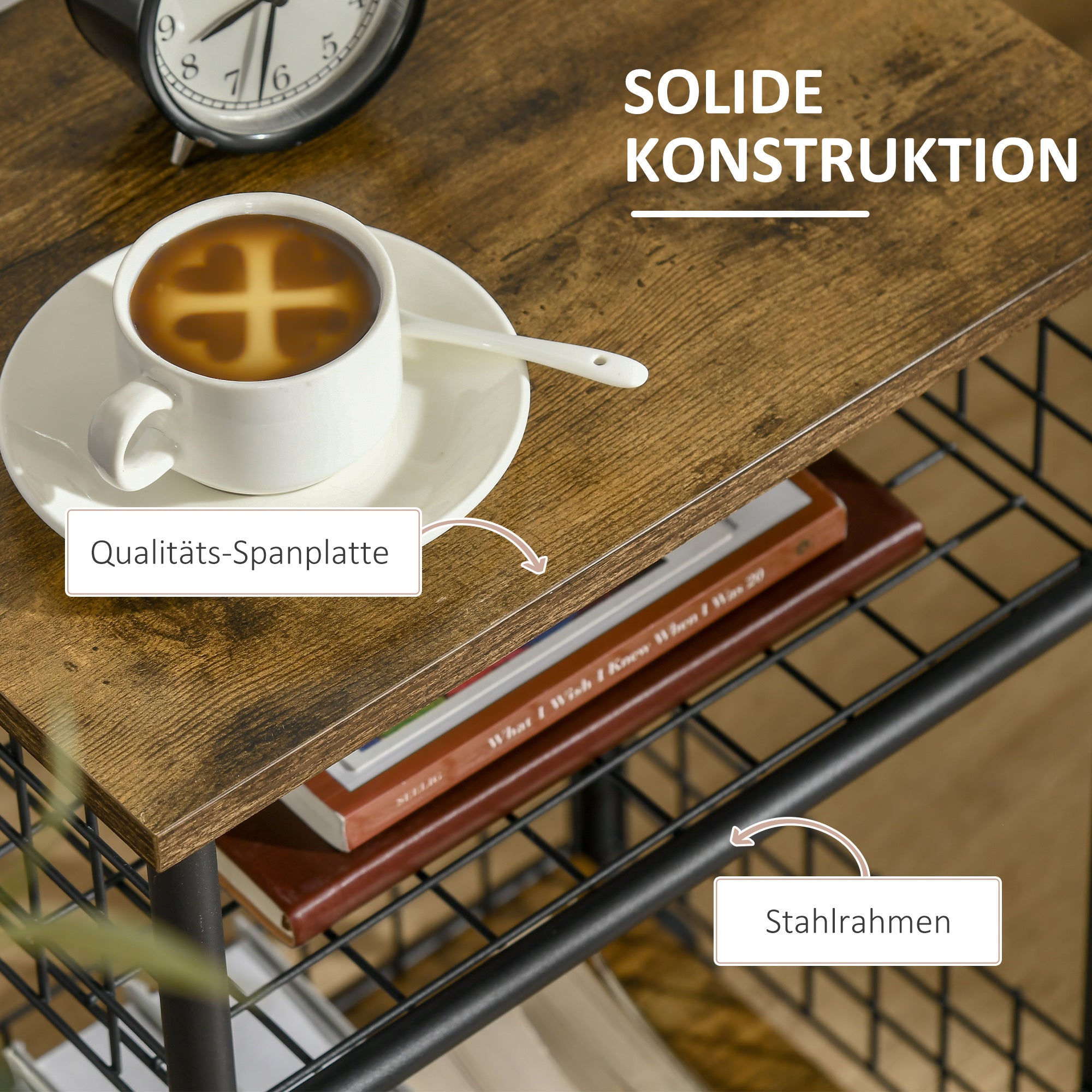 HOMCOM Küchenwagen im Industriedesign 1 Regal 1 Aufbewahrungskorb 4 Räder 40 cm x 30 cm x 62 cm Stahl Schwarz + Braun