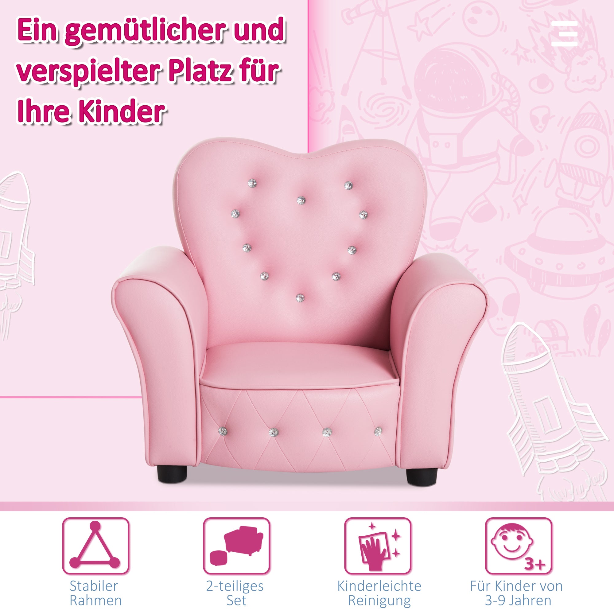 HOMCOM Kindersofa Kindersessel Prinzessin Minisofa Kinderzimmer Sofa herzförmig Rosa L59 x B41,5 x H49 cm