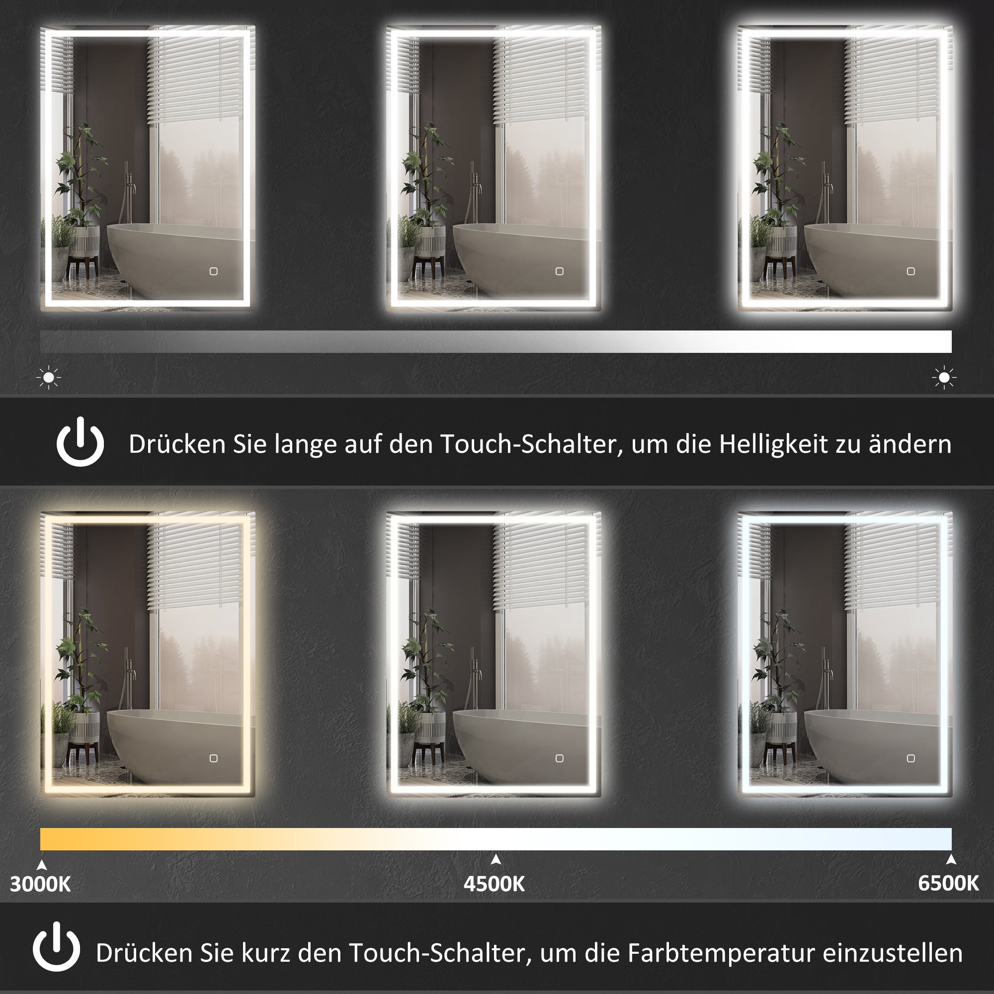 HOMCOM Badspiegel mit Beleuchtung 90x70 cm LED Spiegel Wandspiegel mit Memory-Funktion 3 Lichtfarben Silber