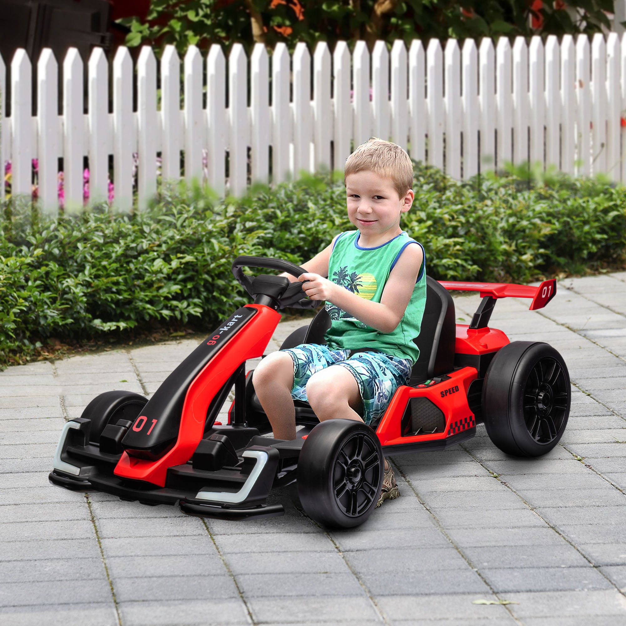 HOMCOM Go-Kart für Kinder, Elektro-Kart mit Hupe und Musikfunktion, verstellbarer Sitz, bis 12 km/h, Kunststoff, Metall, Rot