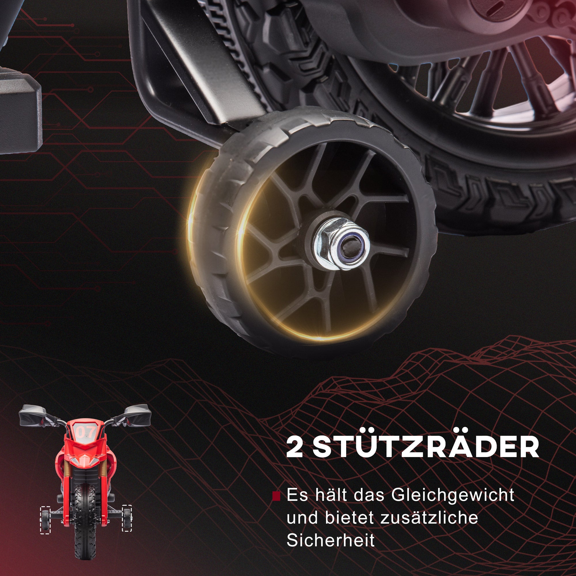 AIYAPLAY Elektro-Motorrad für Kinder, 6V Batterie-Antrieb, Stützräder, Hupe, Startgeräusch, 3-8 Jahre, Rot