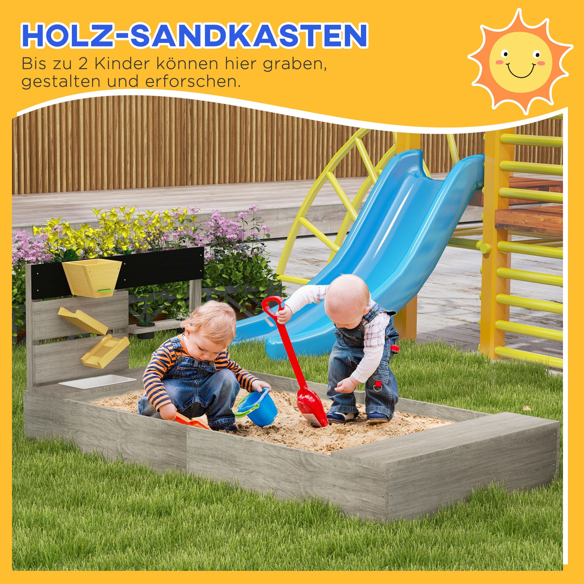Outsunny Sandkasten mit Wasserstation, 2 Pflanzkästen, behandeltes Massivholz, 154 x 80 x 60cm, Grau