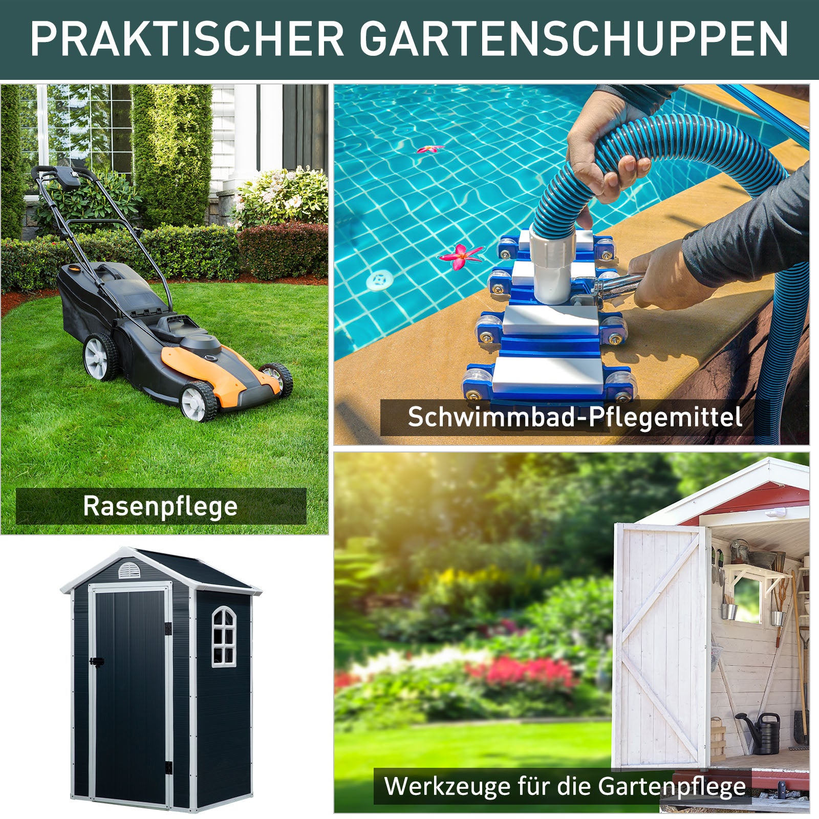 Outsunny Gerätehaus Kunststoff 1,9m² 134x104x204cm Geräteschuppen mit Satteldach Tür wetterfest Gartenhaus Outdoor Garten Schuppen Schrank für Hinterhof Außenbereich Dunkelgrau