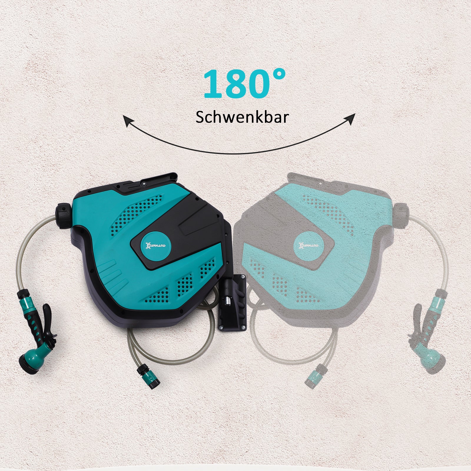 DURHAND Wandschlauchbox Schlauchtrommel 180° schwenkbar mit Multibrause Frostschutz -5–45 °C Kunststoff Grün + Schwarz 15 m