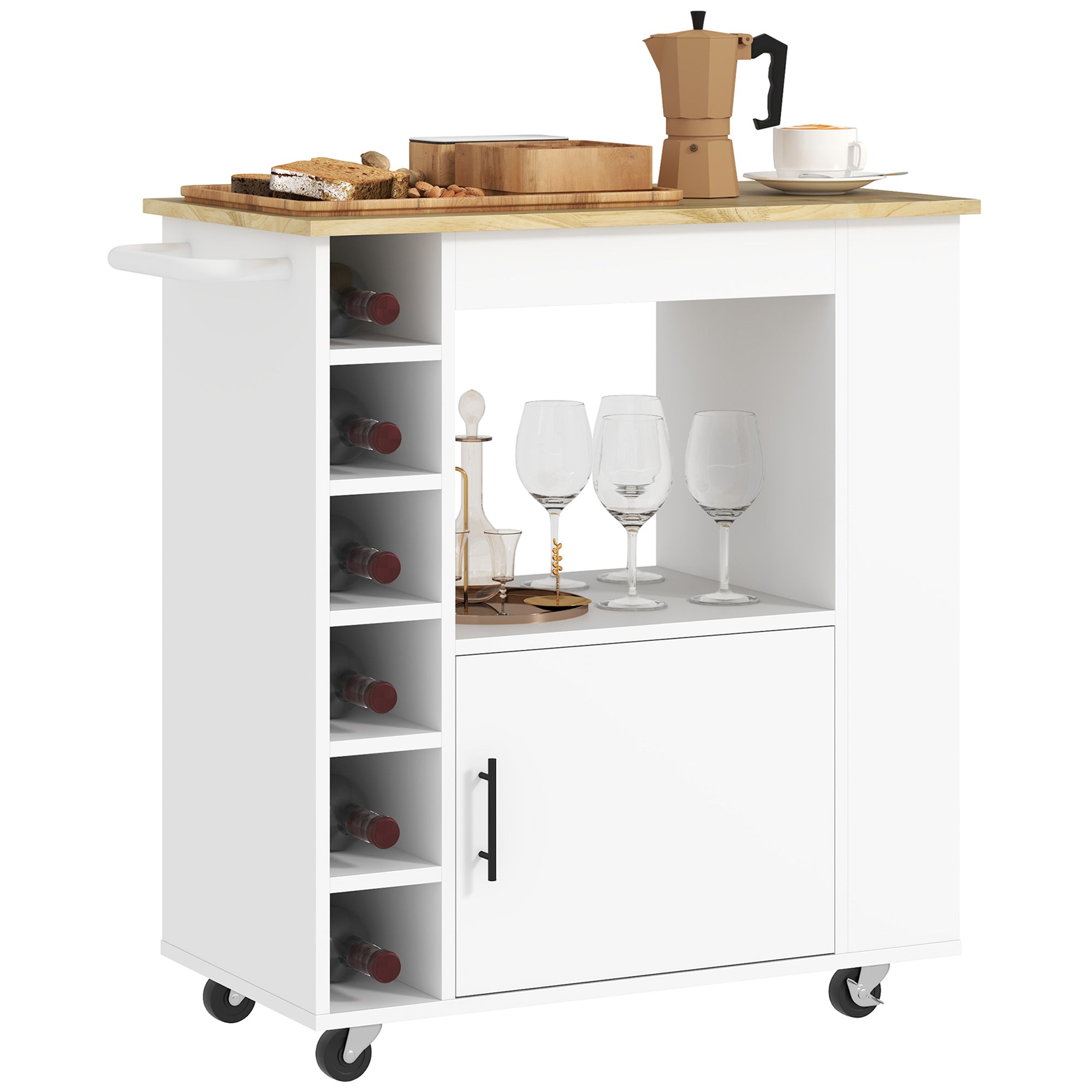 HOMCOM Küchenwagen, Rollbare Kücheninsel, Küchen-Trolley mit Fächern, Weinregalen, Schrank und Arbeitsfläche, Weiß