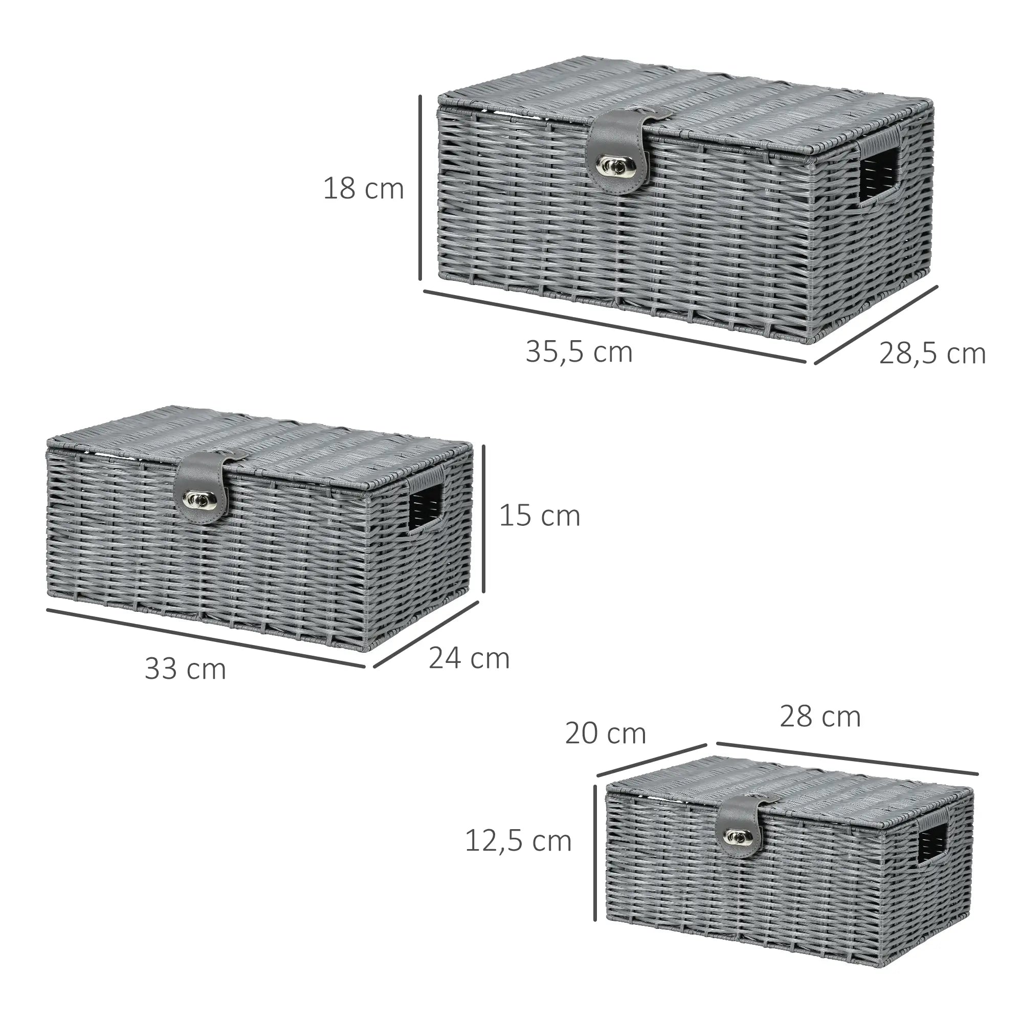 HOMCOM 3er-Set Aufbewahrungskörbe aus PE- Rattan, mit Verschluss, Tragegriffen, 35,5 cm x 28,5 cm x 18 cm, Grau