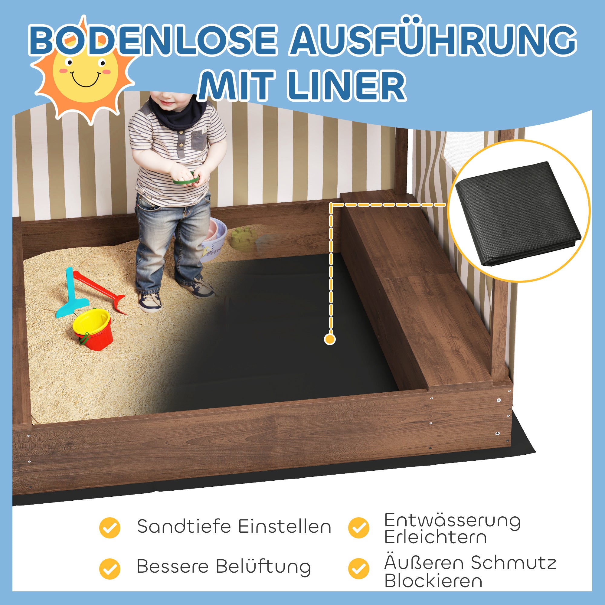 AIYAPLAY Sandkasten, Sandkiste mit Vordach und Netztür, Sitzbänke, Bodenschutz, Braun