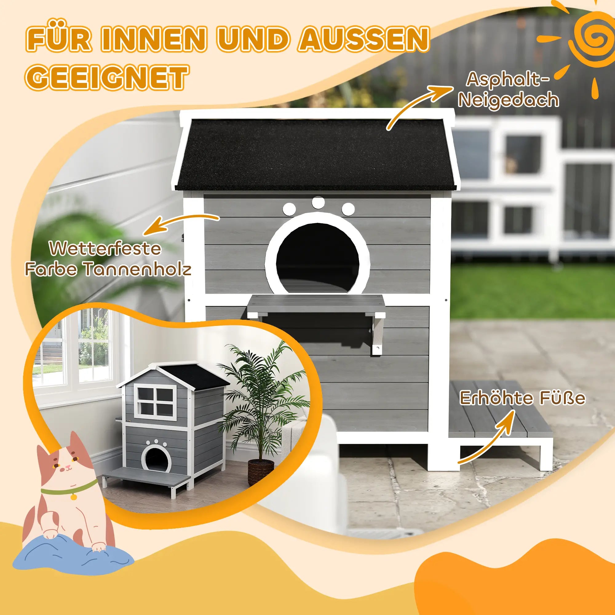 PawHut Katzenhaus aus Holz mit Balkon & Fenster, 2 Etagen, Grau