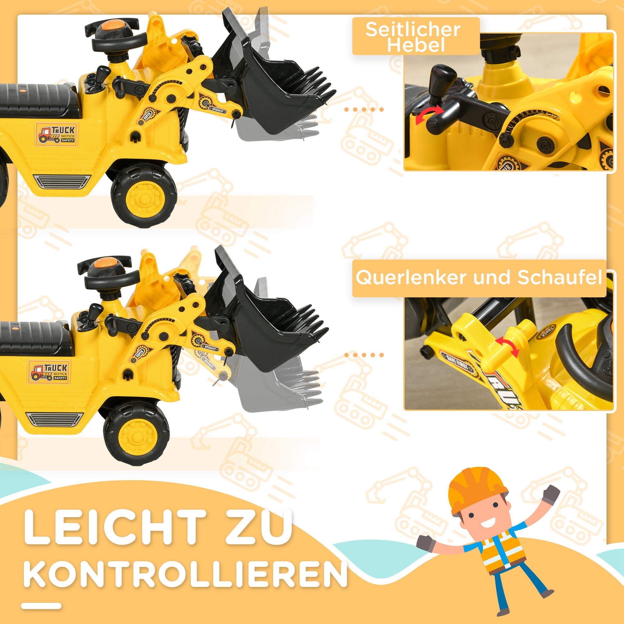 HOMCOM Sitzbagger mit eingebautem Ablagefach Kinder Rutschauto Traktor Kinderbagger mit Hupe Rutscher Bagger Rutscherfahrzeug Laufrad Gelb+Schwarz 80 x 26,5 x 39 cm