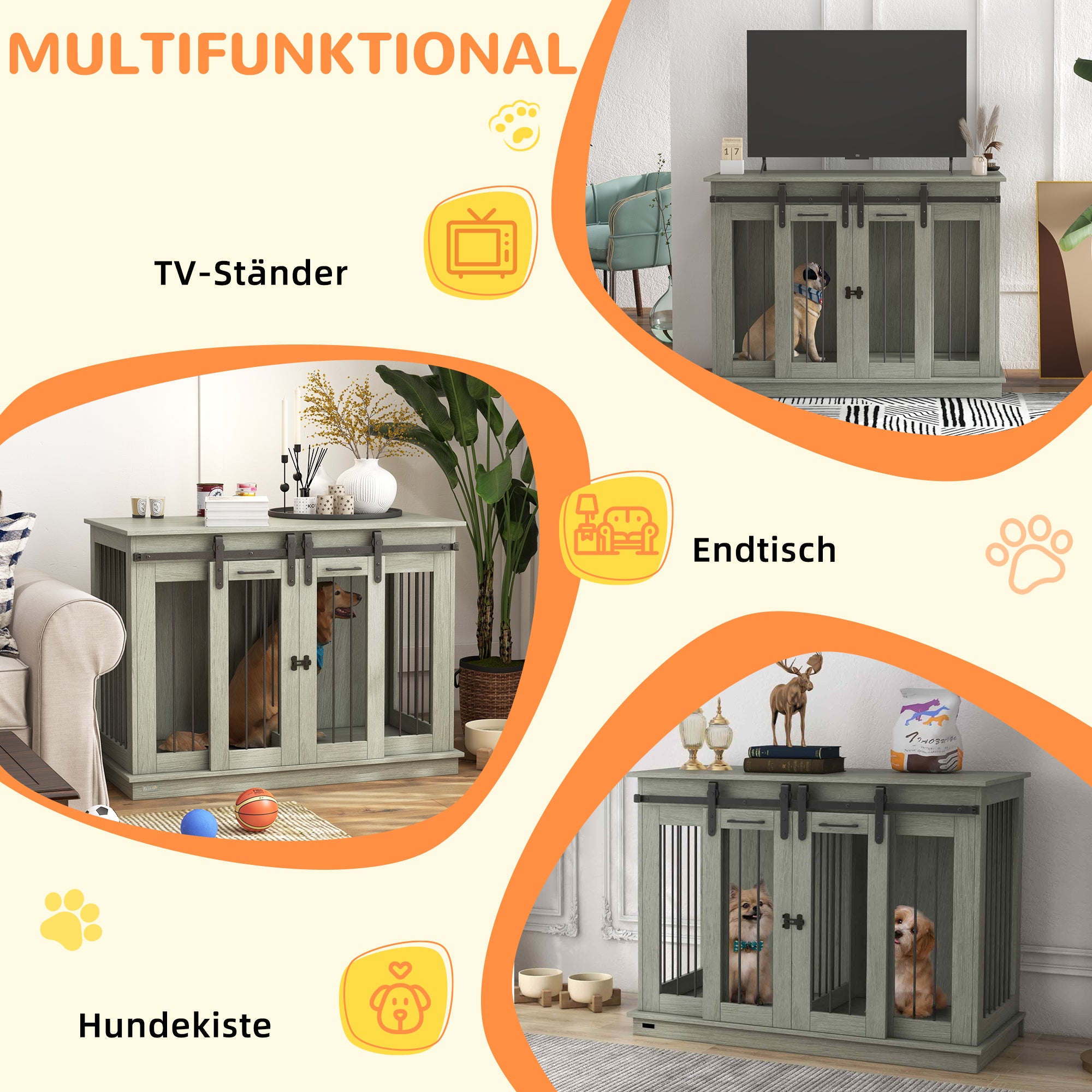 PawHut Hundekäfig mit 2 Türen, Hundebox, Transportbox für Hunde, rustikales Design, verriegelbar, Grau
