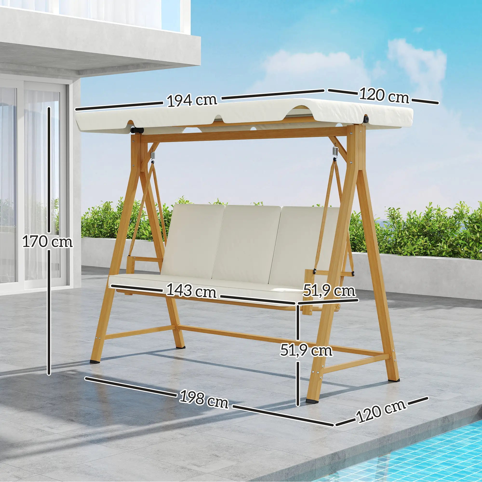 Outsunny Hollywoodschaukel mit verstellbarem Sonnendach Sitzauflage, 3-Sitzer bis 330kg 198 x 120 x 170cm, Beige