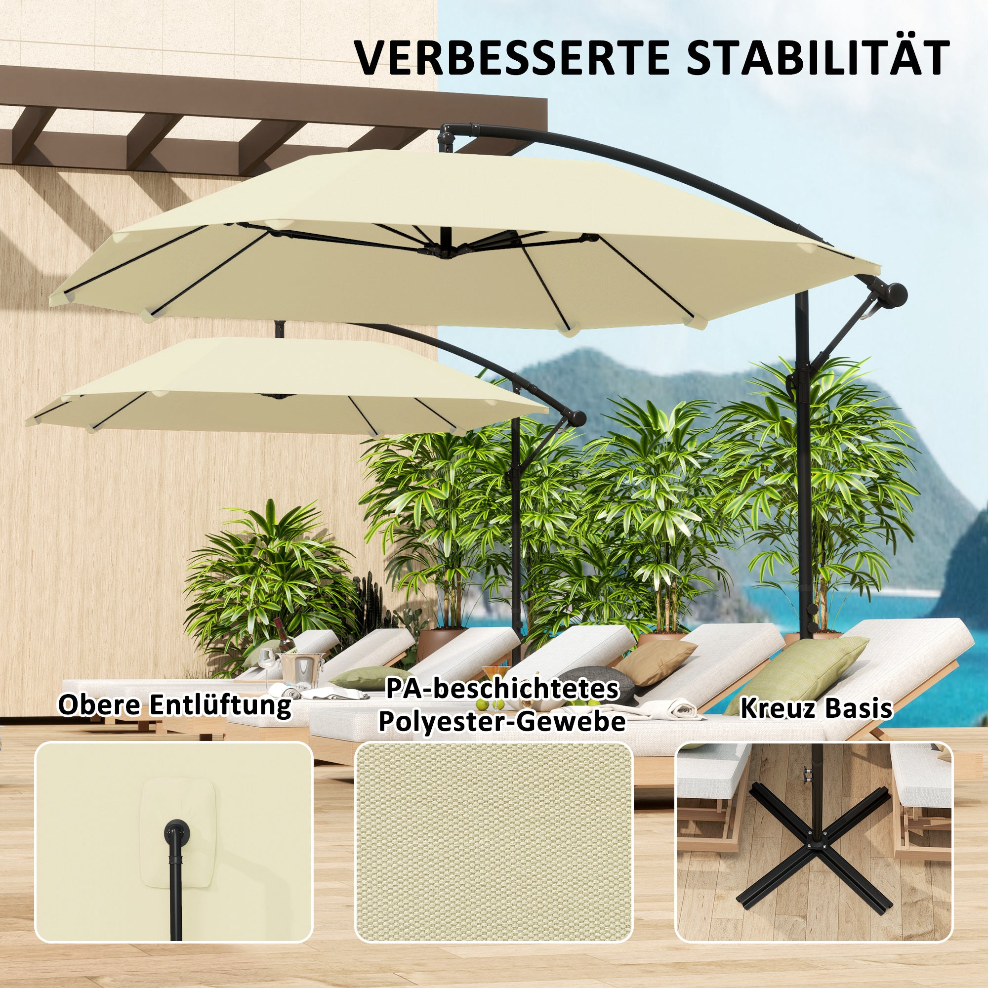 Outsunny Ampelschirm Alu Ø 260 cm Sonnenschirm, wasserdicht Kurbelschirm mit Ständer, Kurbel, Beige
