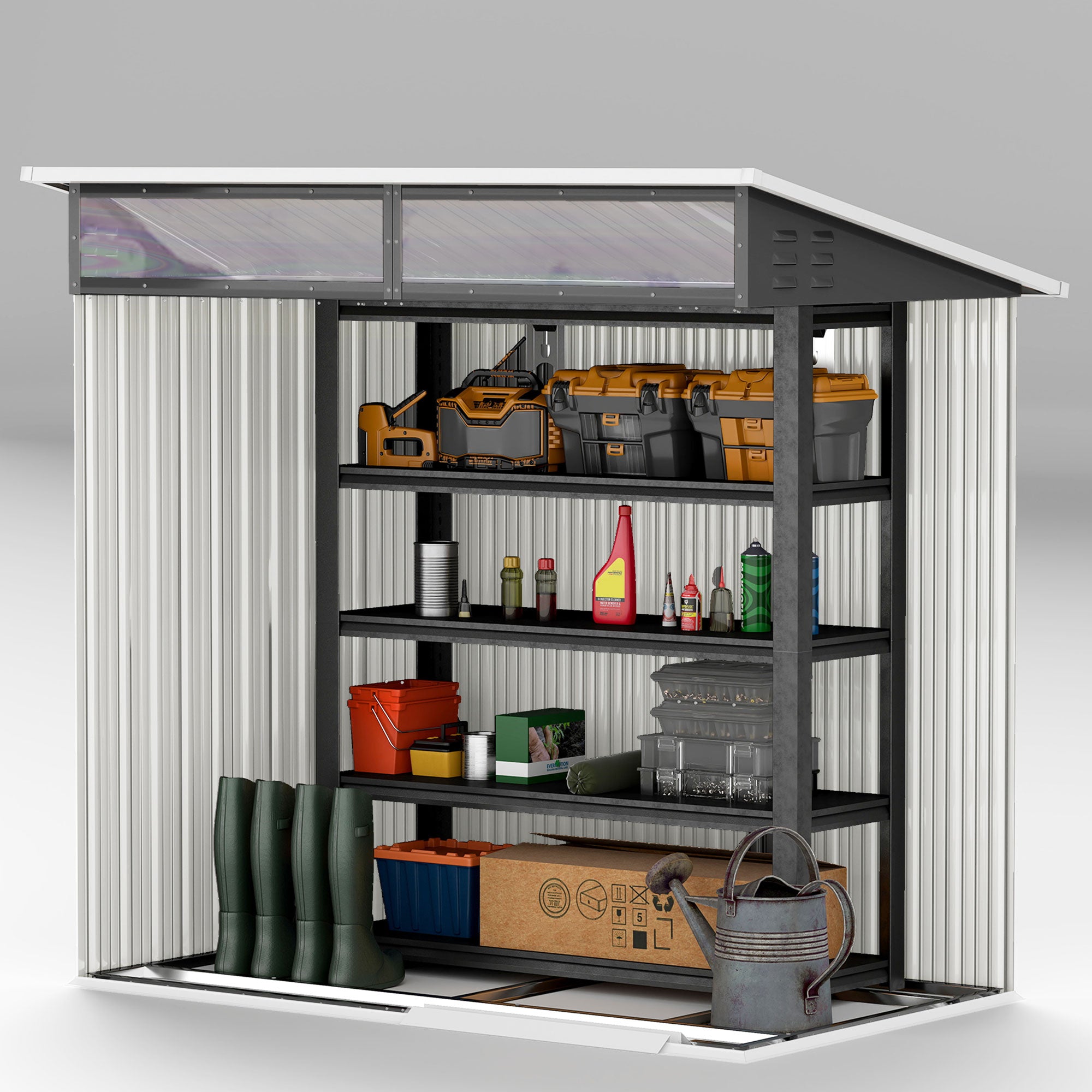 Outsunny Gartenschuppen, Geräteschuppen mit Fenstern, Lüftungsöffnungen, Schiebetür, wasserdichter Stahl, wetterfest, Dunkelgrau