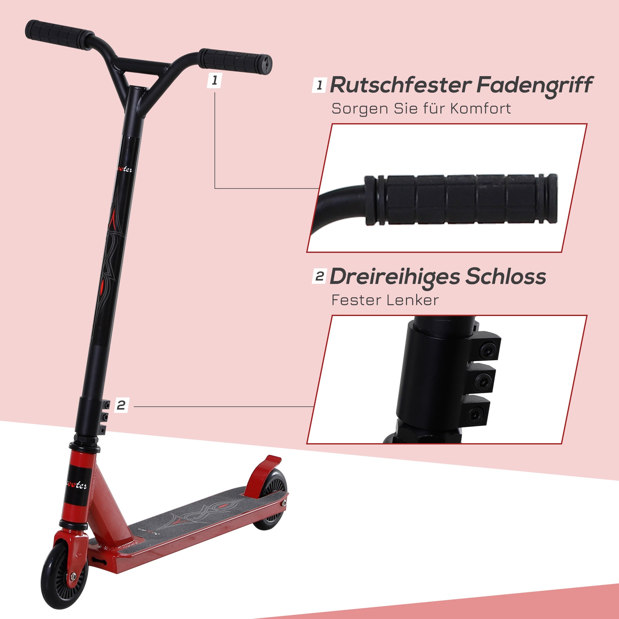 Homcom Pro Stunt Scooter für Kinder & Erwachsene, Freestyle Tretroller, 100mm Kunstleder-Räder, Aluminium Rot, für Tricks