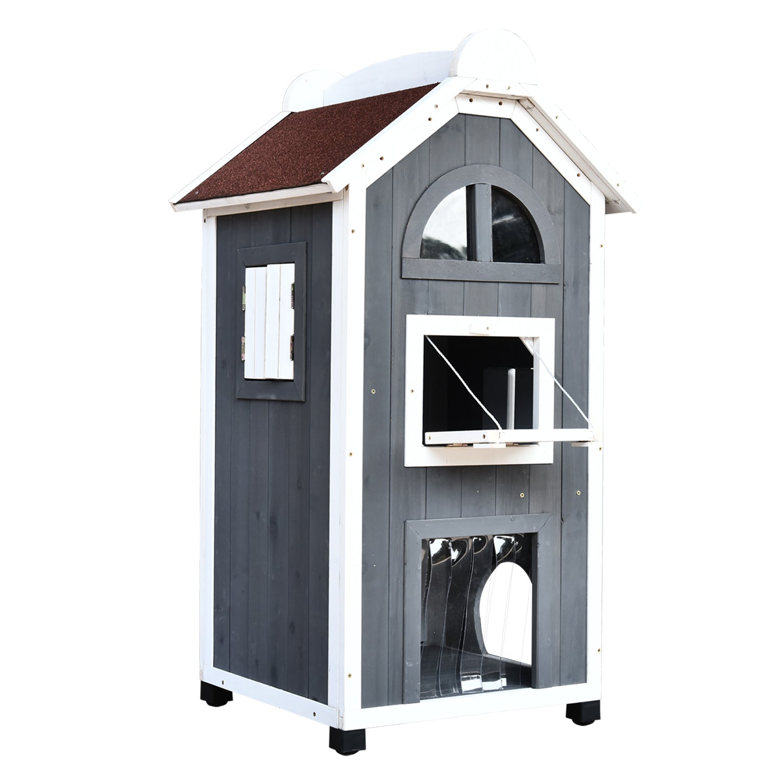 PawHut Katzenhaus für Katzenbett oder Katzentoilette, Katzenschrank, Katzenklo Indoor, Tannenholz, Asphaltdach, Grau, 59 x 55 x 109 cm