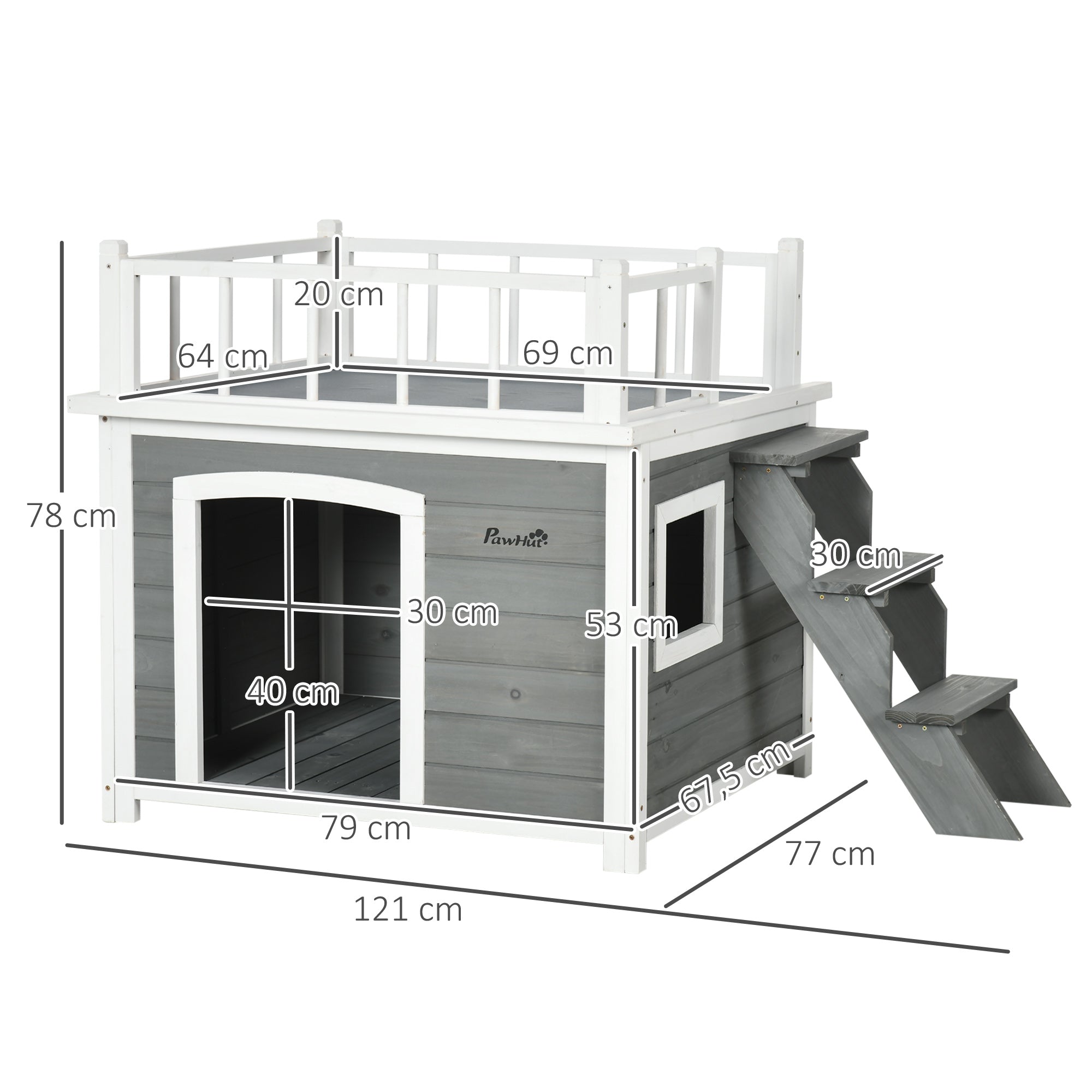 PawHut Hundehütte, Dachterrasse, Treppe, Fenster, Bodenabstand, Naturholz, hellgrau, 121 x 77 x 78cm
