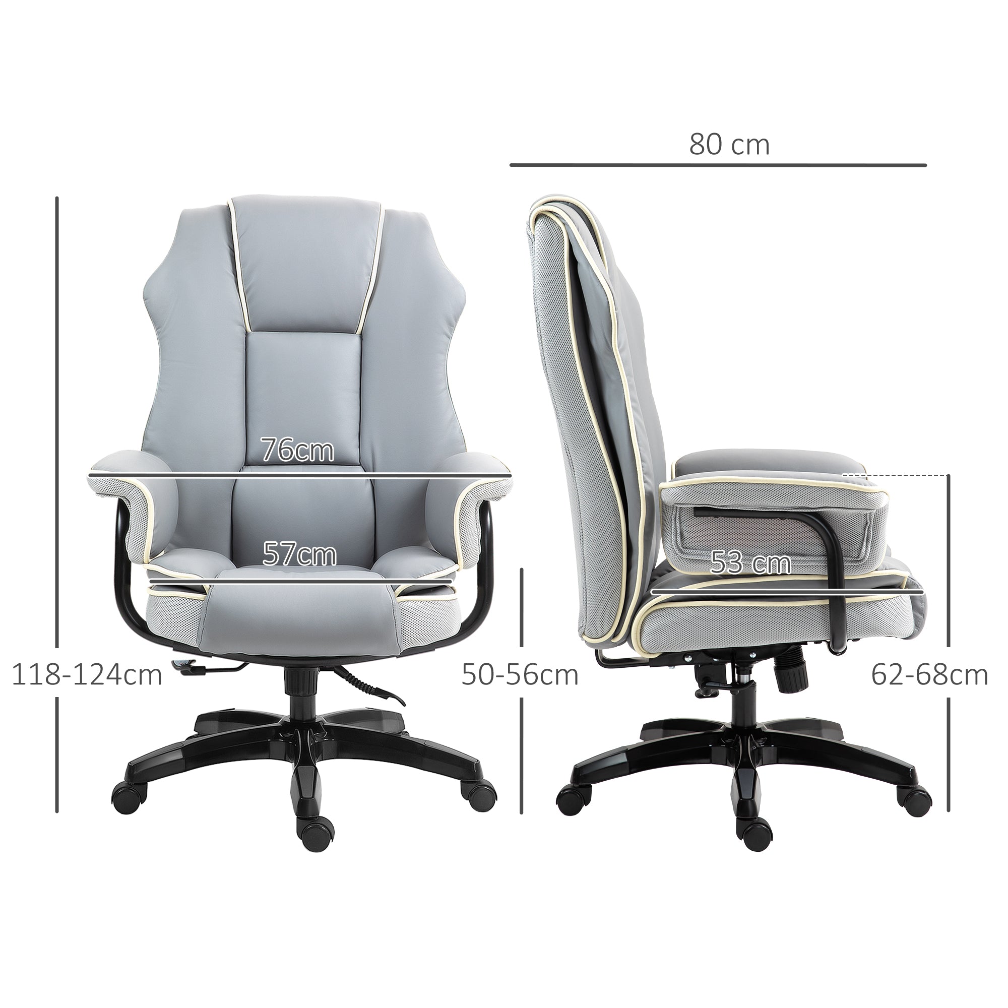 Vinsetto Ergonomischer Bürostuhl, extra gepolstert, Liegefunktion, Kunstleder, 76x80x118-124 cm, Hellgrau