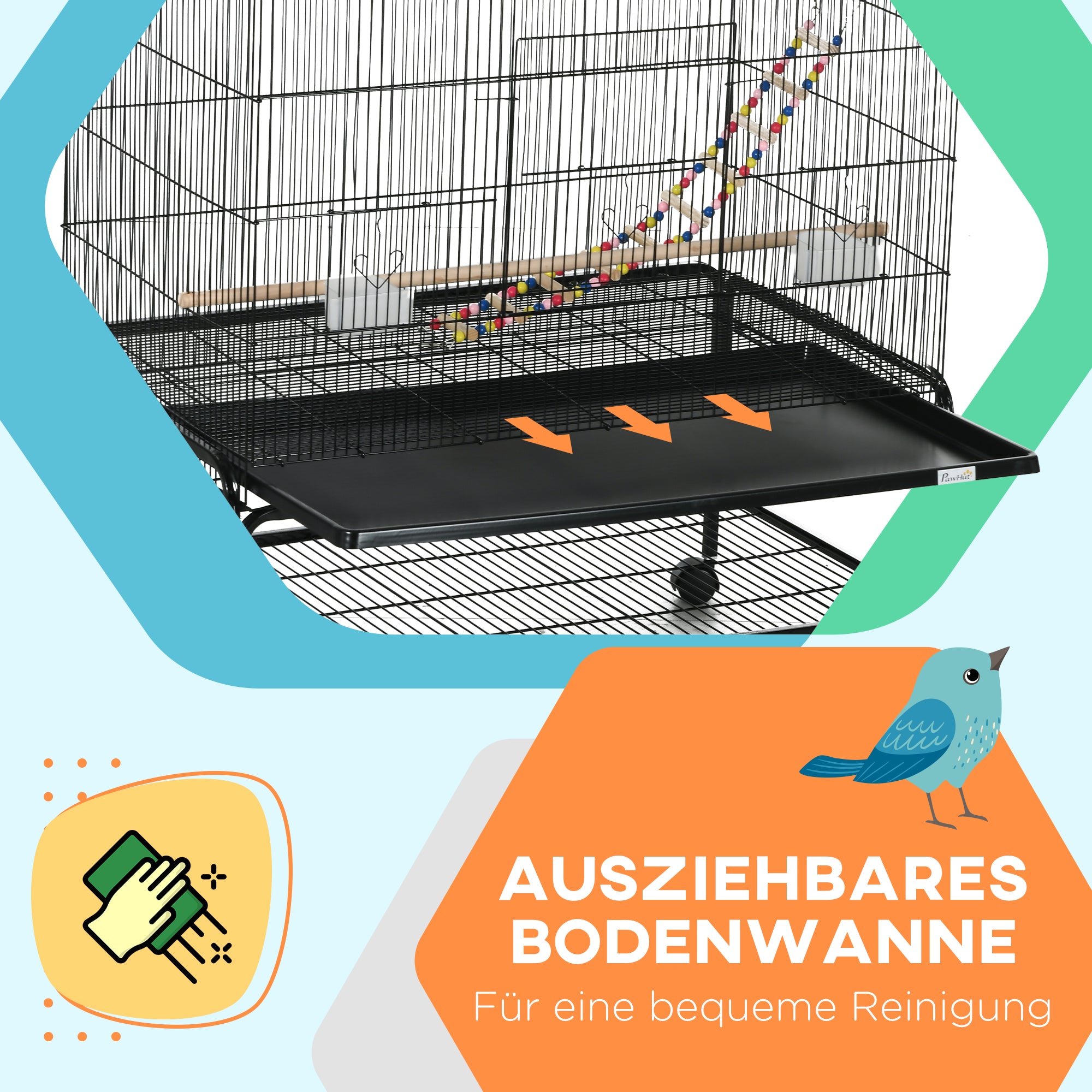 PawHut Vogelkäfig inklusive Sitzstangen, Vogelspielzeug, herausnehmbare Bodenwanne, Schwarz