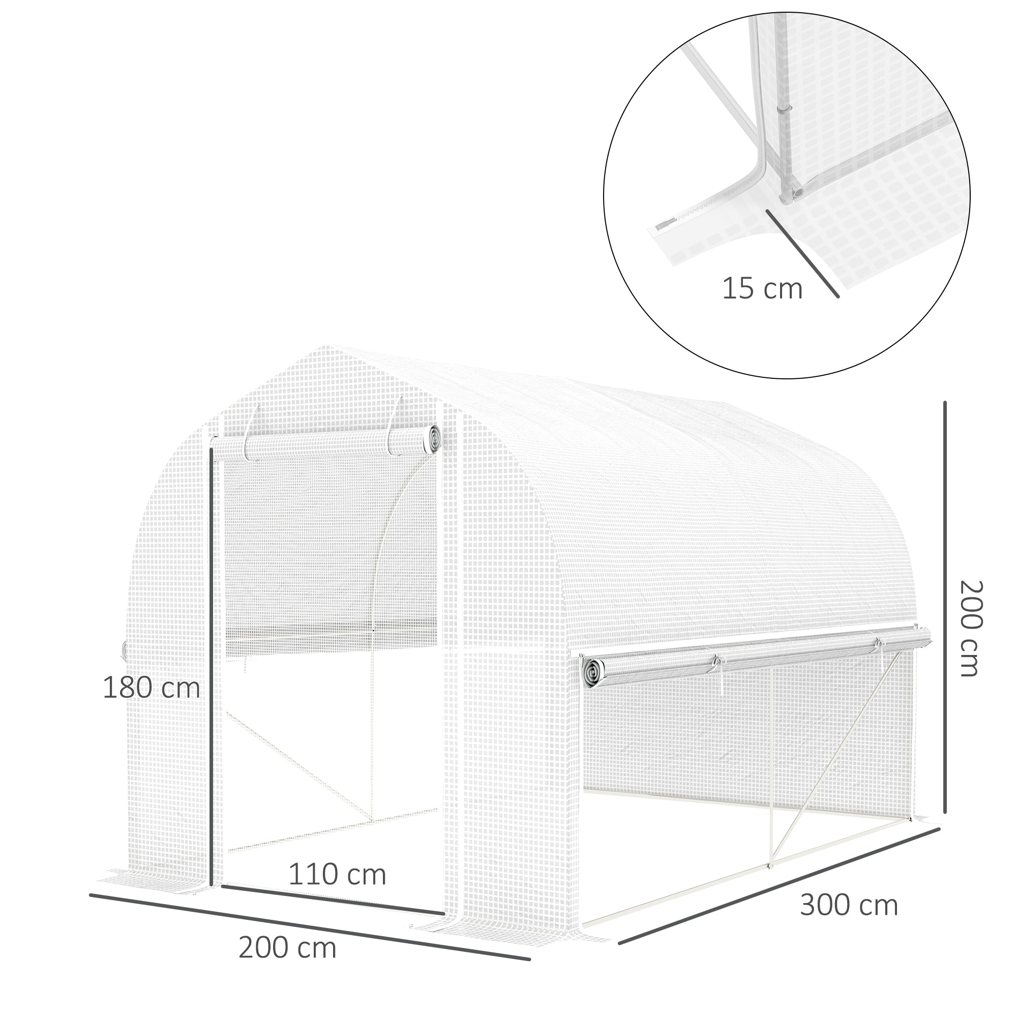 Outsunny 3 x 2 x 2 m Polytunnel-Gewächshaus mit aufrollbaren Seitenwänden, UV-beständiger Kunststoff-Plane und Stahlrahmen, Weiß