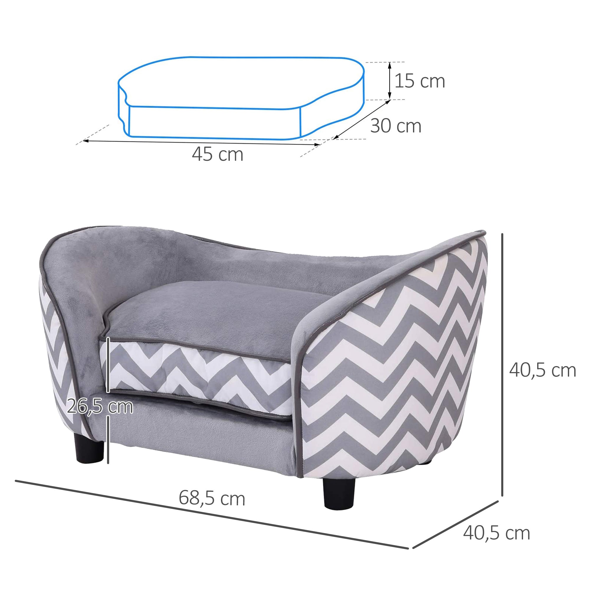PawHut Haustiersofa Hundecouch Hundesofa Hundebett Hundematte Katze Kissen gepolstert Holz Schaumstoff Grau 68,5 x 40,5 x 40,5 cm