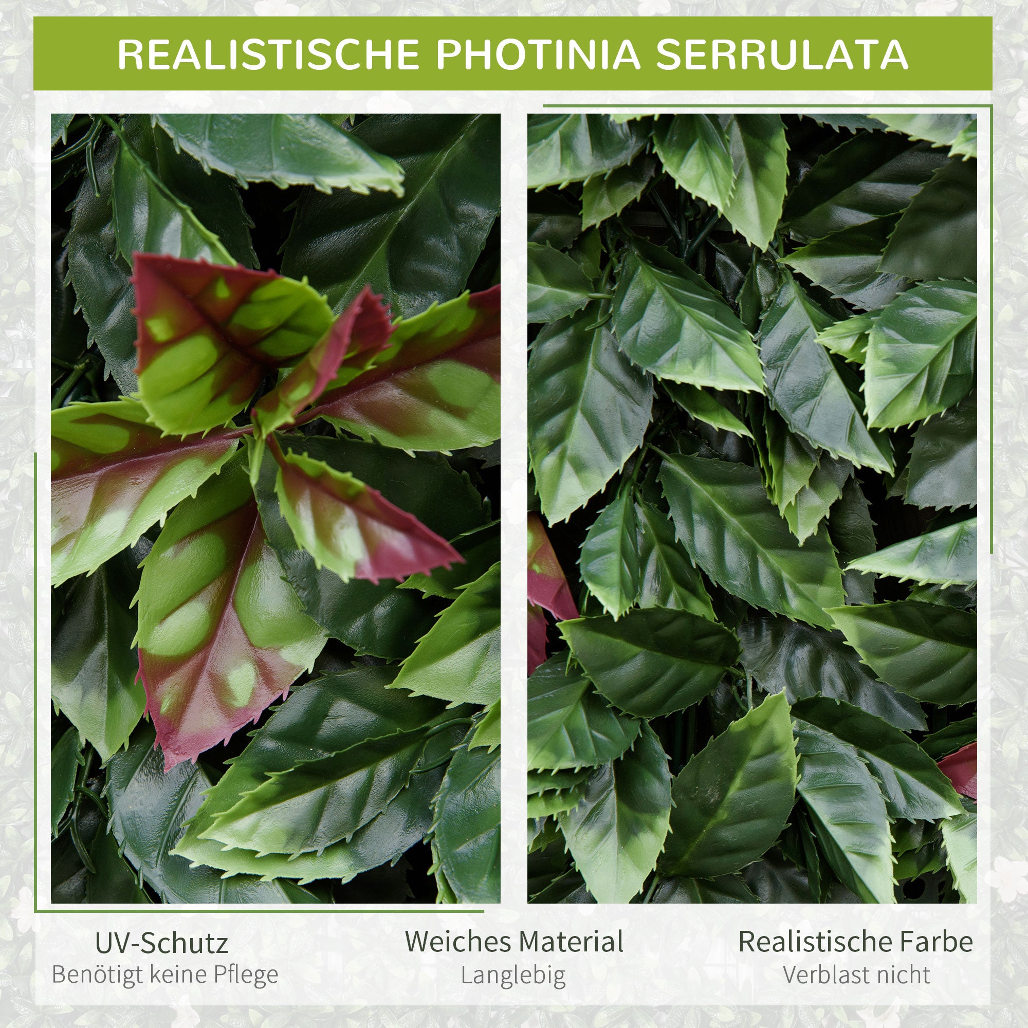 Outsunny 12 Stück künstliches Pflanzenwand Hecke 50x50 cm UV-Schutz Sichtschutz Glanzmispeln Design Heckenpflanze für Garten Outdoor Dekor