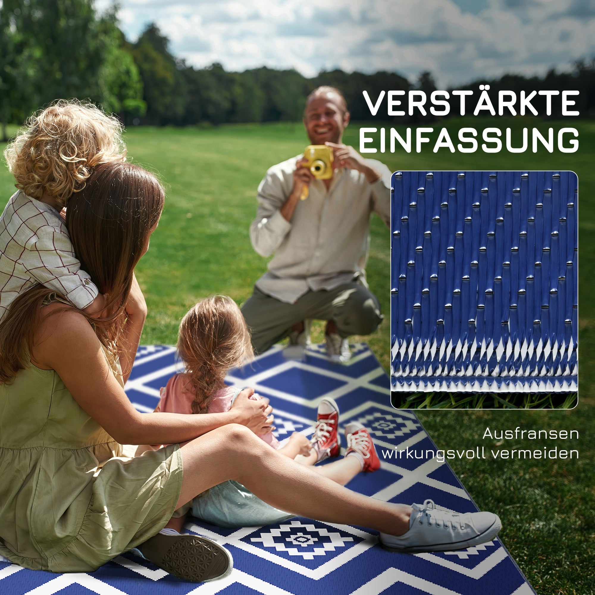 Outsunny Outdoorteppich Terrassenteppich, wetterbeständig, modernes Design, 182 cm x 274 cm x 0,3 cm, Blau + Weiß