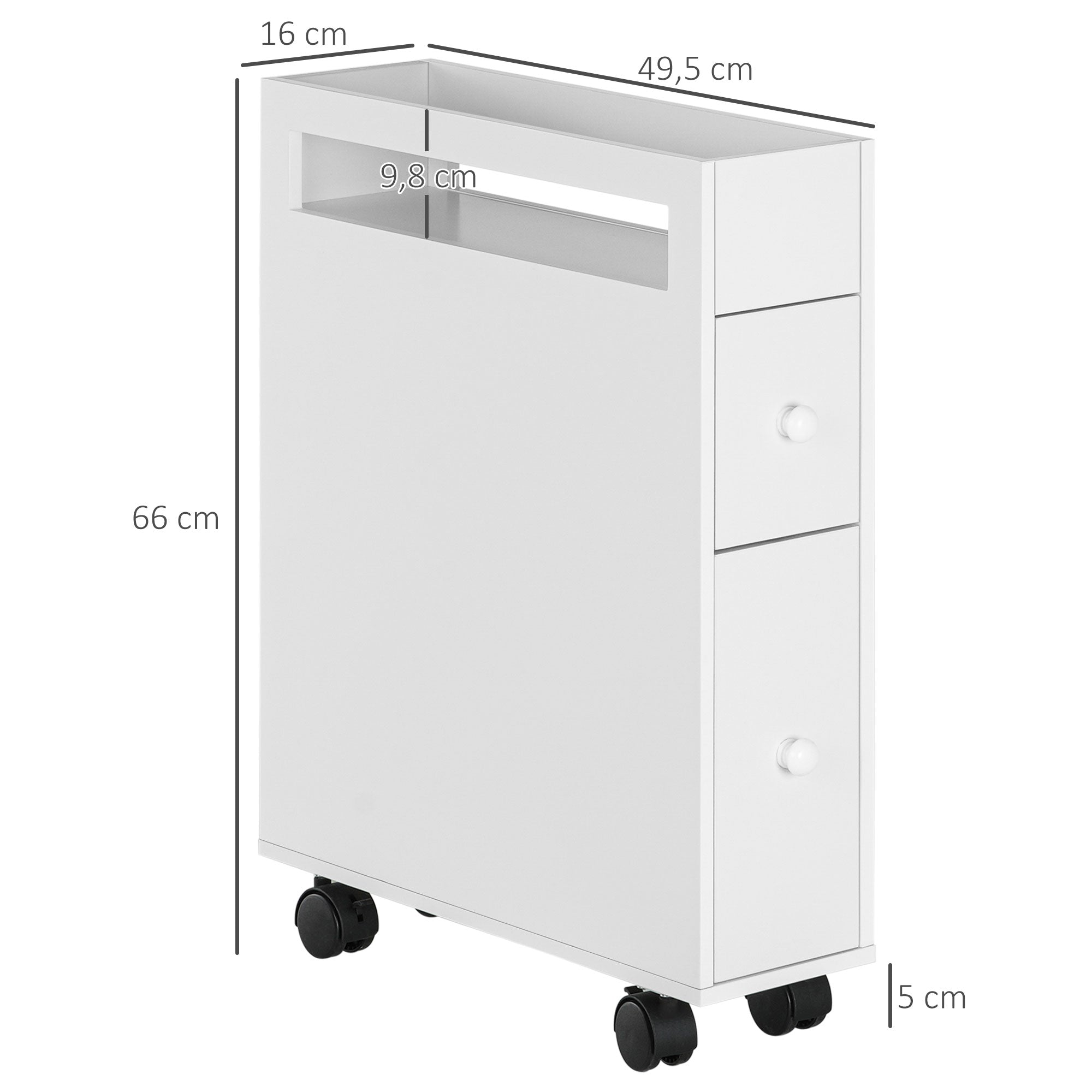 HOMCOM Nischenwagen Badschrank Rollschrank, schmales Design, zwei Schubladen, vier Räder, weiß, 16 x 49,5 x 66 cm
