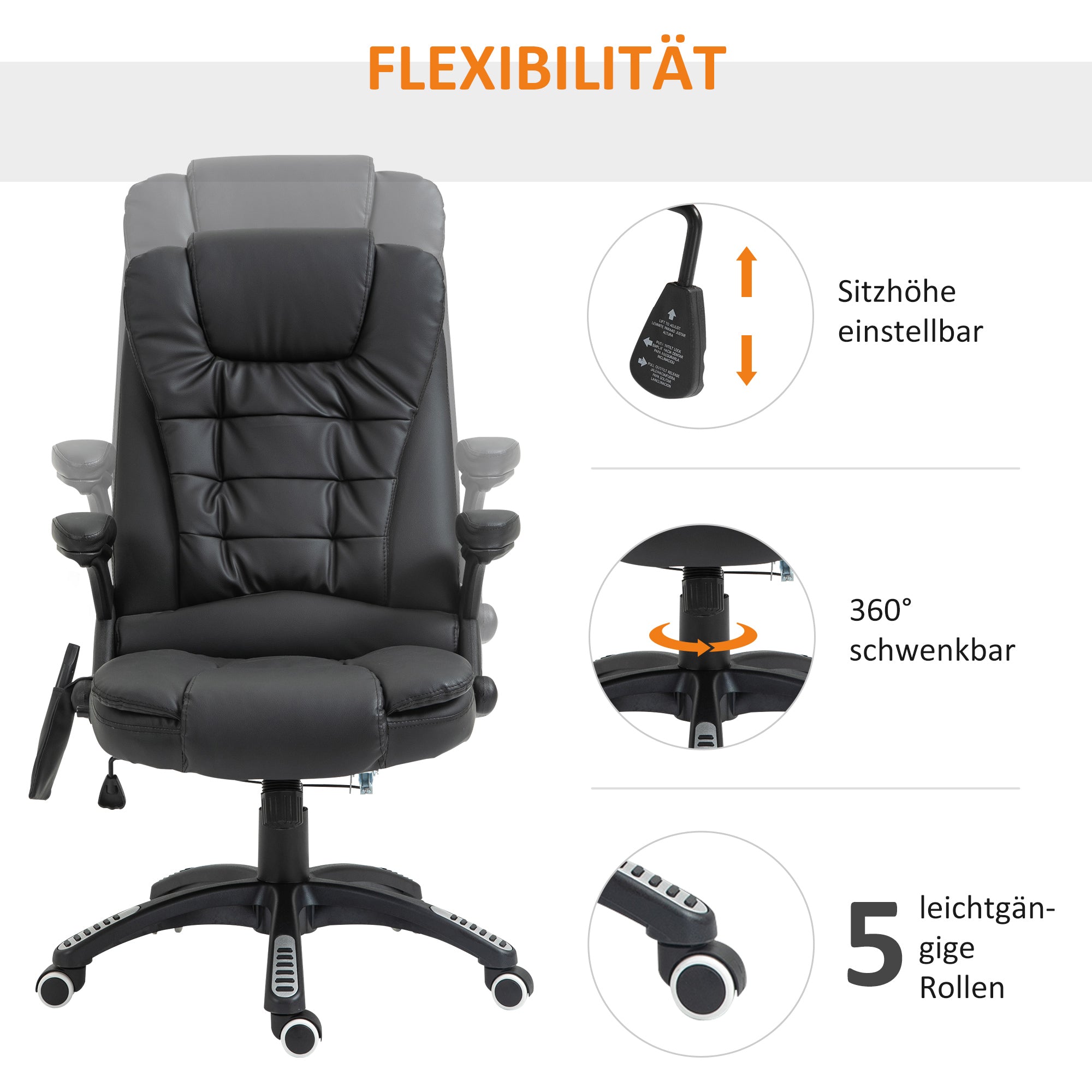 HOMCOM Massagesessel Bürostuhl, Chefsessel mit 6-Punkt-Vibrationsmassage und Wärmefunktion, drehbar Gaming-Stuhl, Kunstleder, 70 x 70 x 111–121 cm, Schwarz