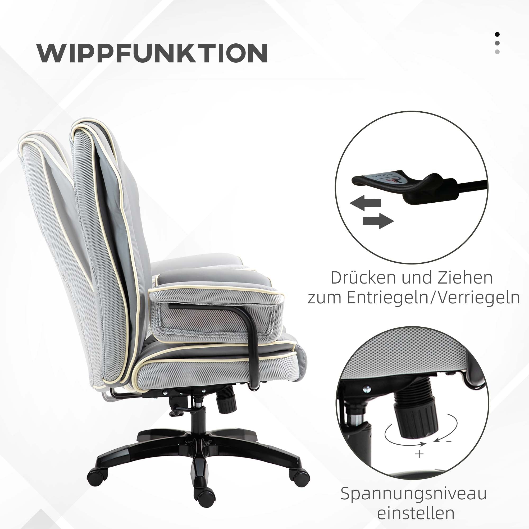 Vinsetto Ergonomischer Bürostuhl, extra gepolstert, Liegefunktion, Kunstleder, 76x80x118-124 cm, Hellgrau