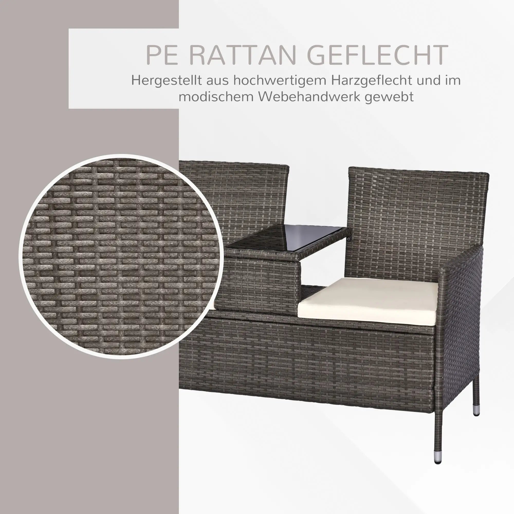 Outsunny Polyrattan Gartenbank 2-Sitzer mit integriertem Tisch Outdoor