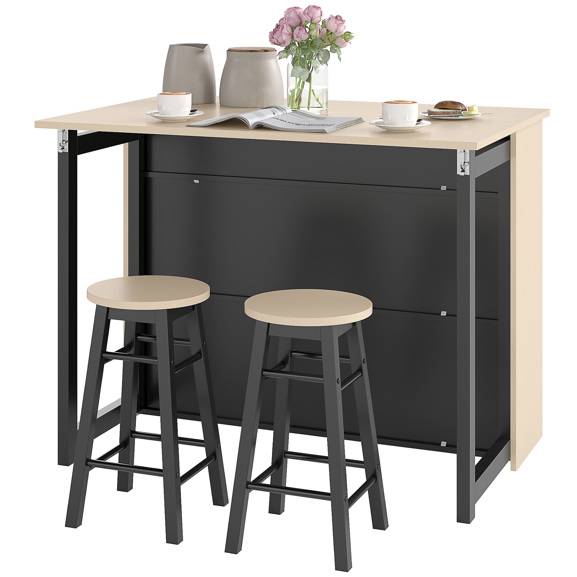 HOMCOM 3-tlg. Barset, Bartisch mit klappbarer Tischplatte, 2 Barhocker, 6 Staufächer, schwarz+Eiche, 116 x 70 x 89,5 cm