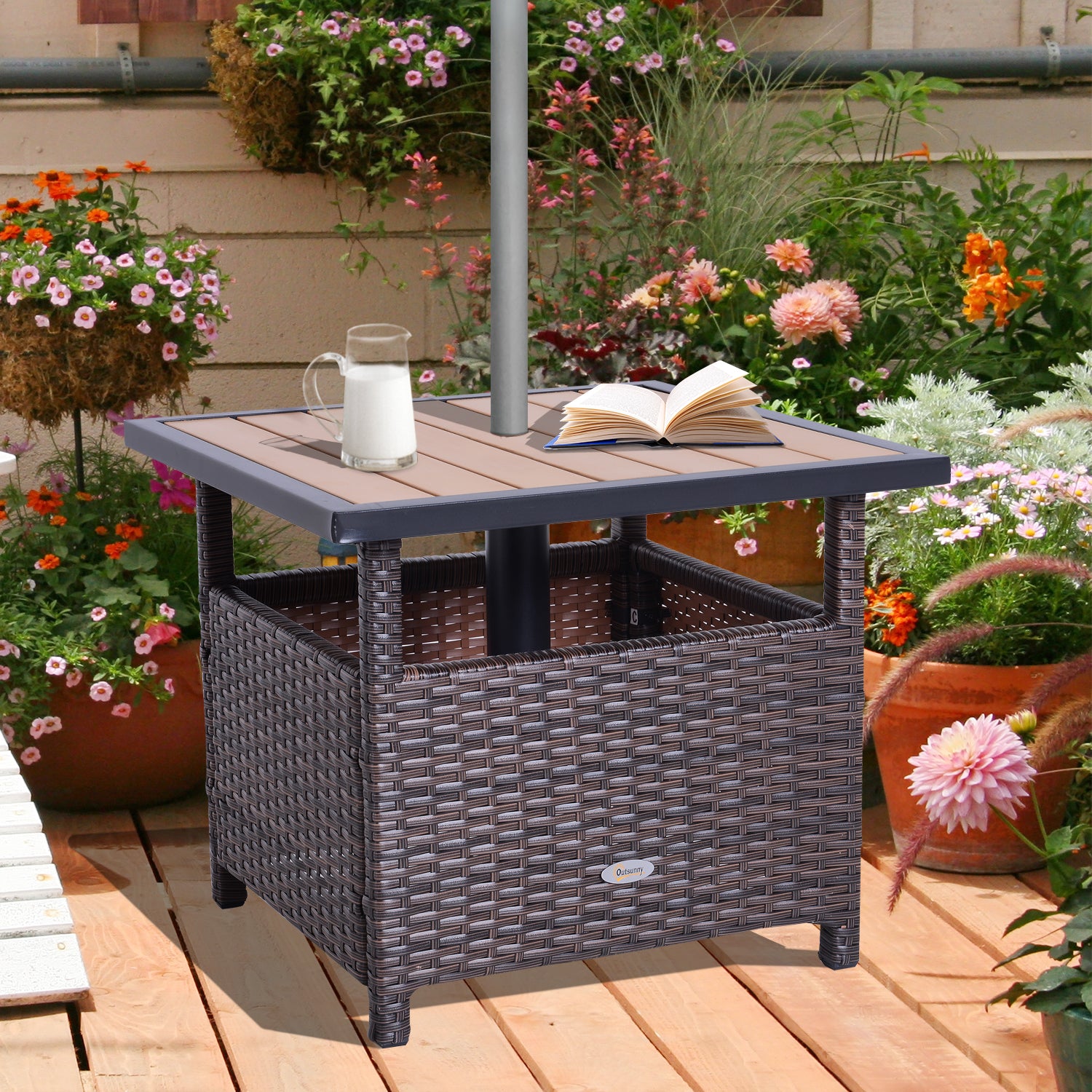 Outsunny Gartentisch mit Schirmständer Polyrattan Braun