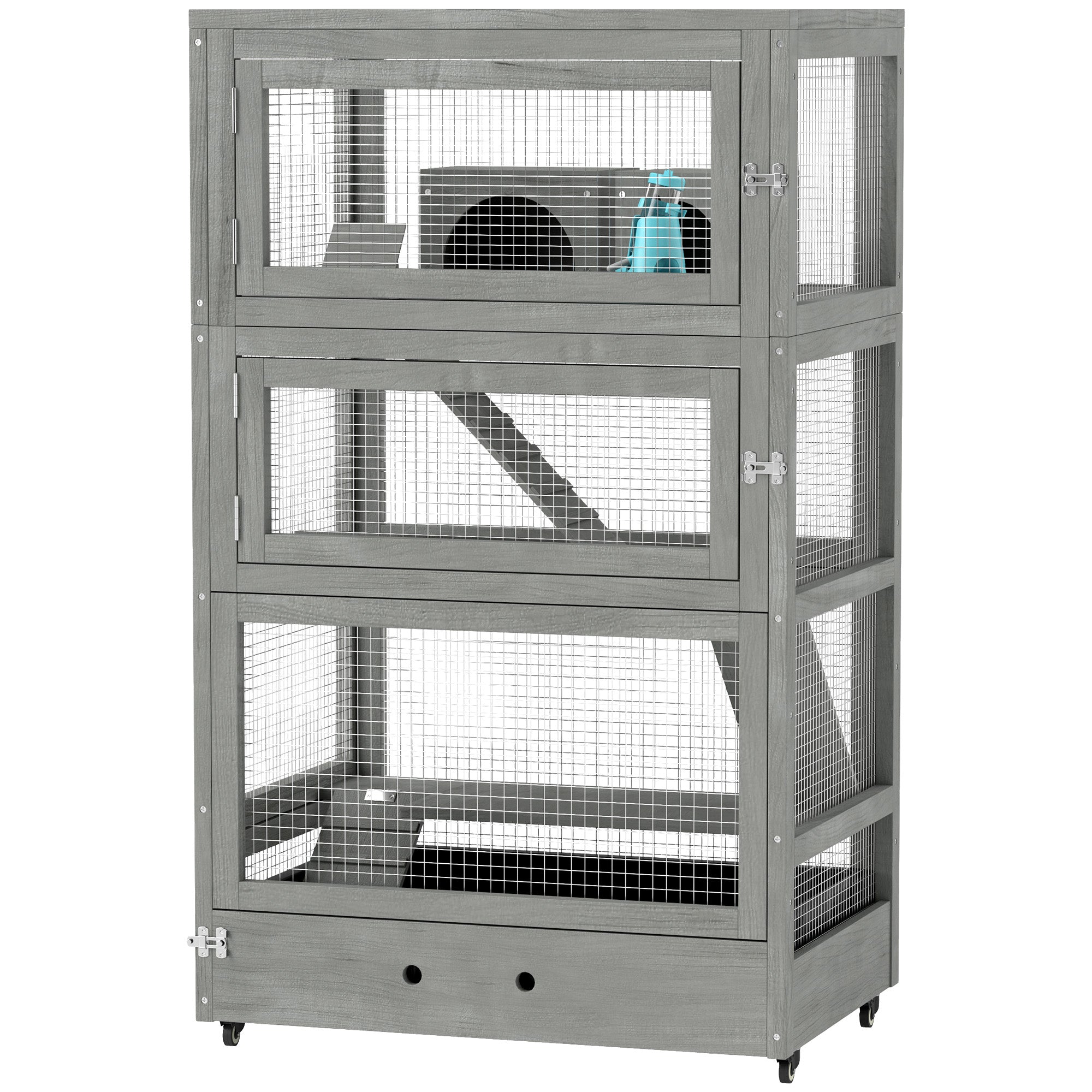 PawHut 4-stufiger Hamsterkäfig aus Holz, mit Hütten, Wippe, Futterschalen, Rampen, Rollen, 65 x 45 x 109 cm, Grau