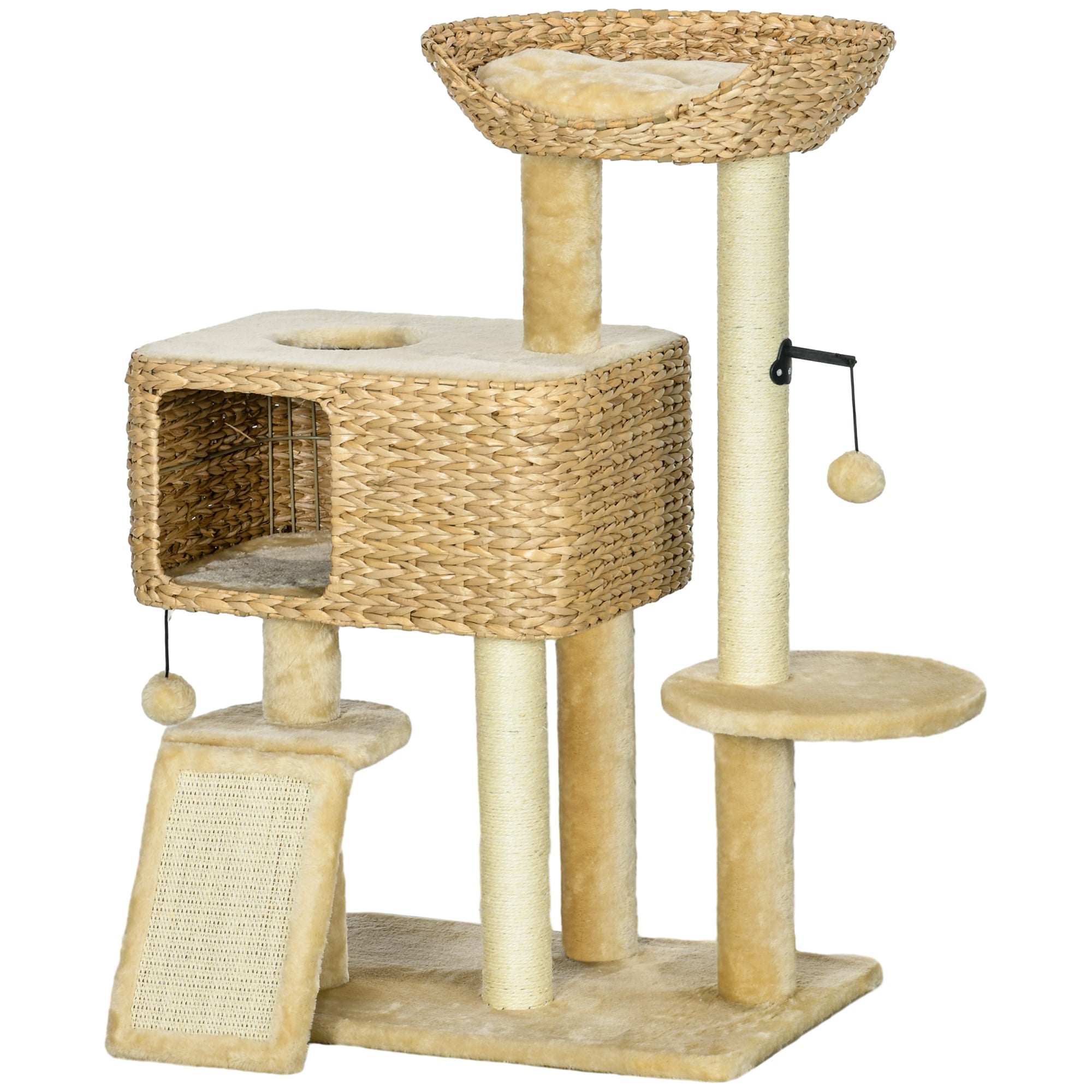 PawHut Kratzbaum Katzenbaum, 1 Katzenhöhle, 1 Katzbenbett, 1 Liegefläche, 1 Rampe, 60 cm x 40 cm x 98 cm, Natur + Beige