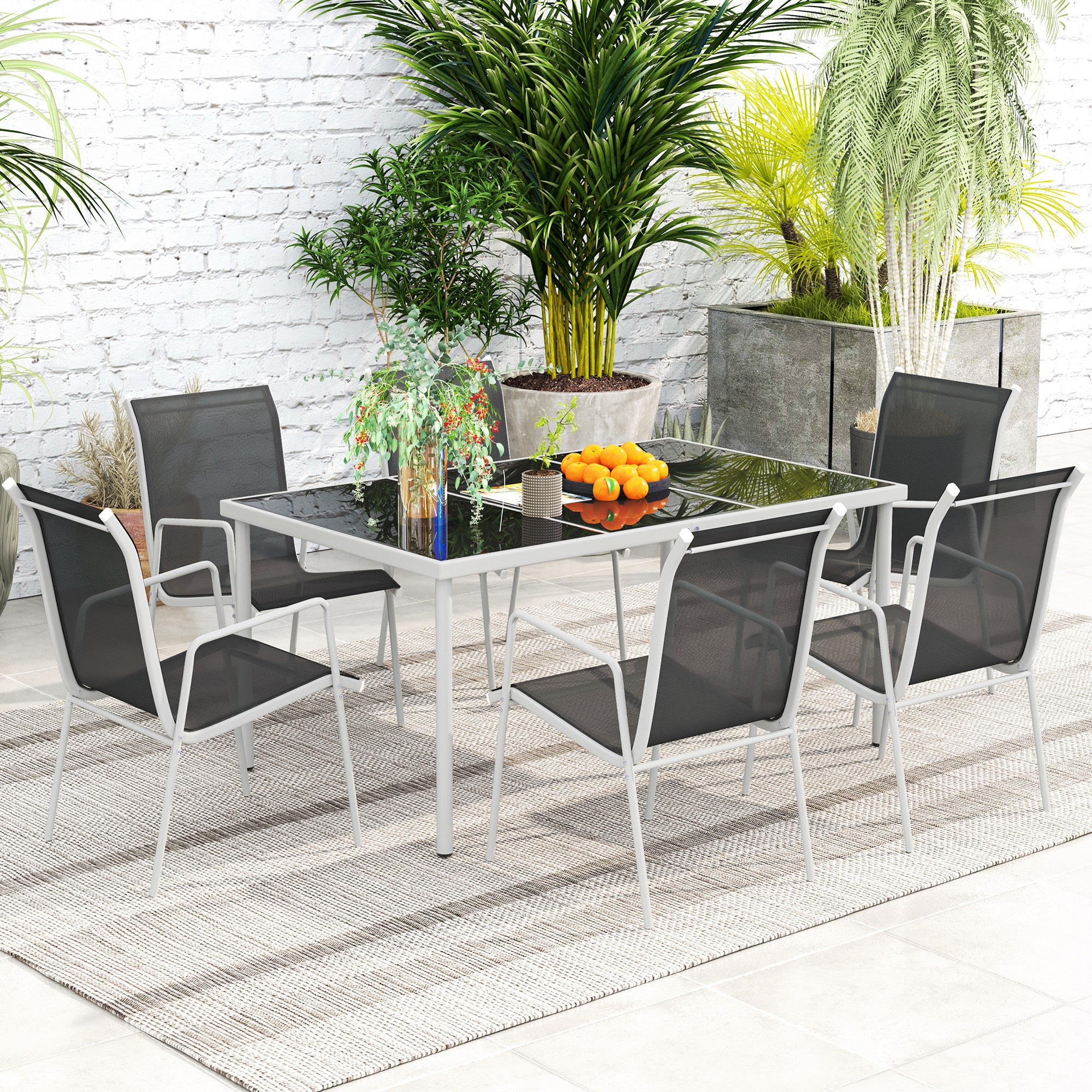 Outsunny Sitzgruppe 7-teilig Essgruppe für 6 Personen Esstisch mit 6 stapelbar Stühlen Glastisch Schwarz