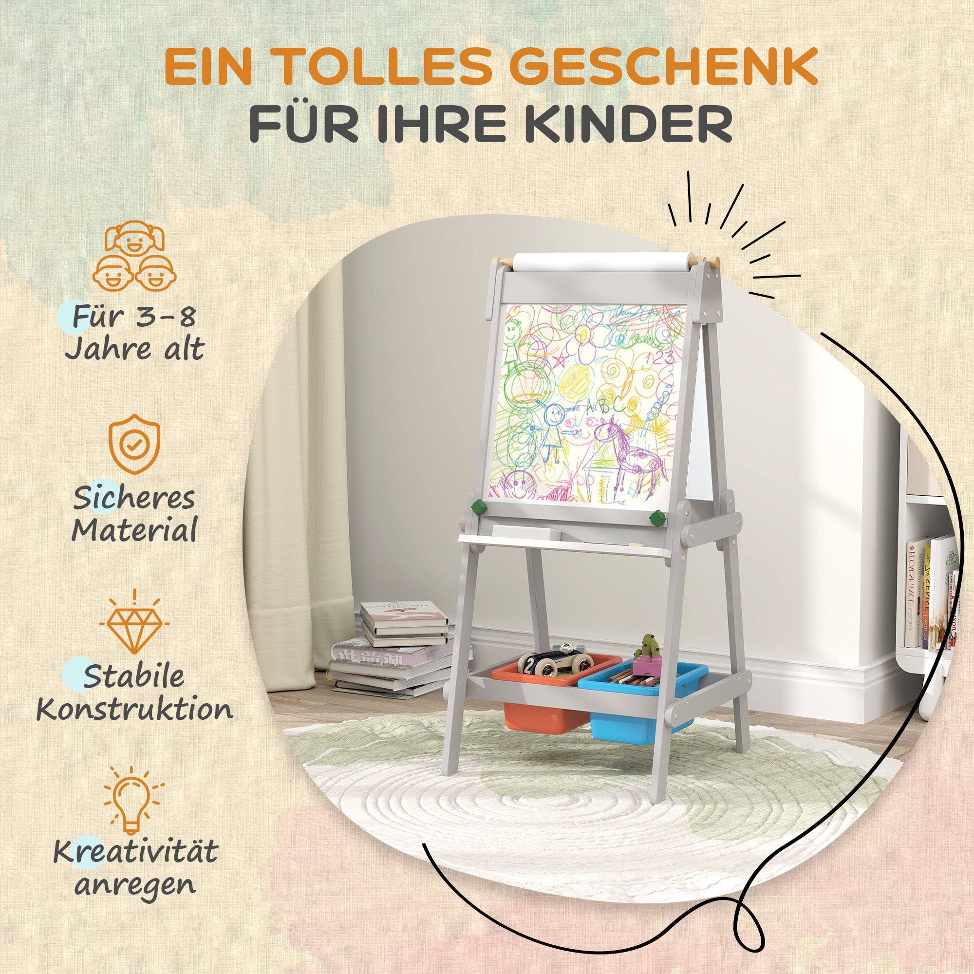 AIYAPLAY Doppelseitige Kindermalstaffelei mit Papierrolle, Kreidetafel, Whiteboard, 3-in-1-Design, zum Zeichnen und Malen
