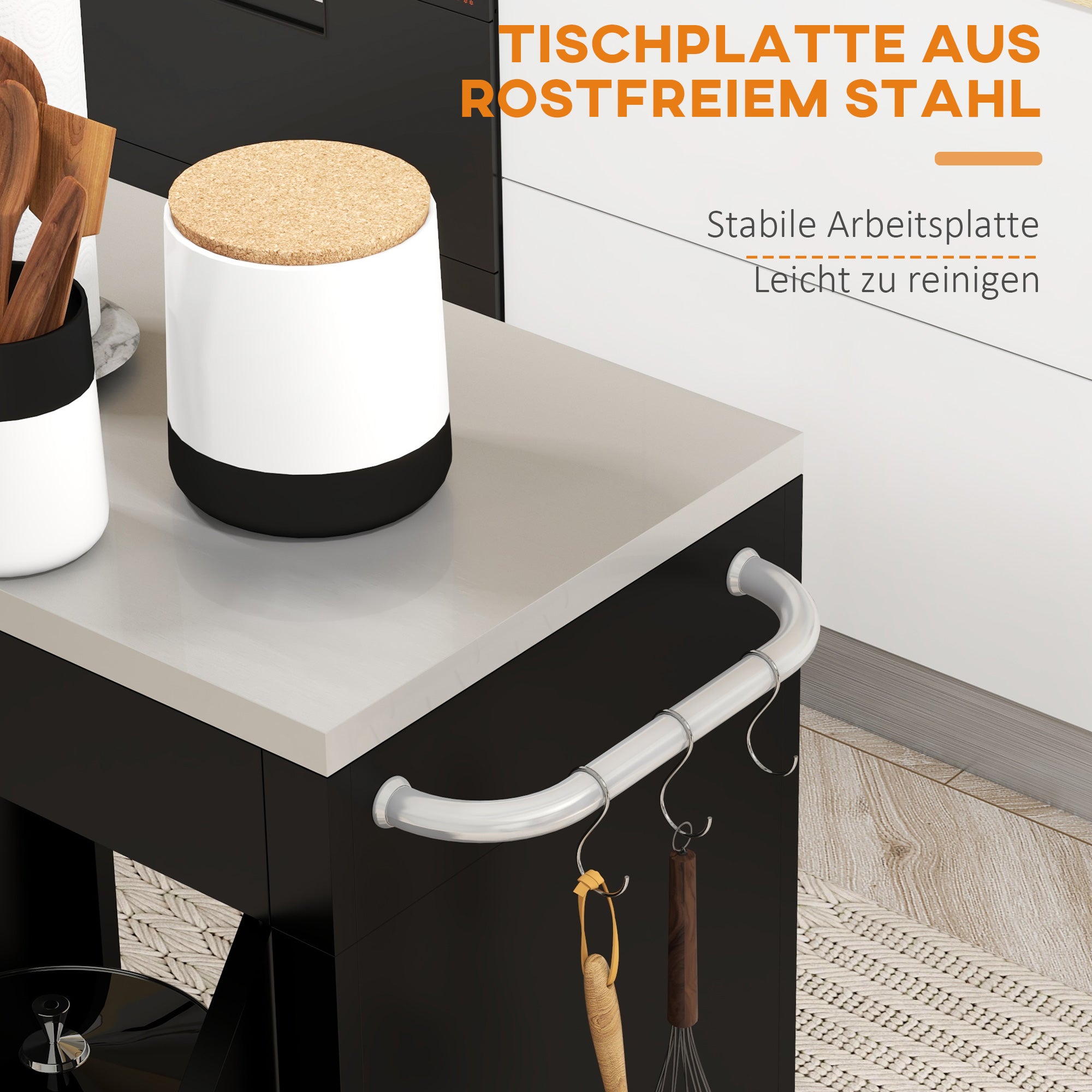 HOMCOM Küchenwagen mit Rollen, Servierwagen, Rollwagen mit Schrank, Haken und Edelstahlgriffe, Küchenhilfe, BBQ Grilltisch aus Edelstahl Küchentrolley, 86 x 50 x 86,5 cm Schwarz