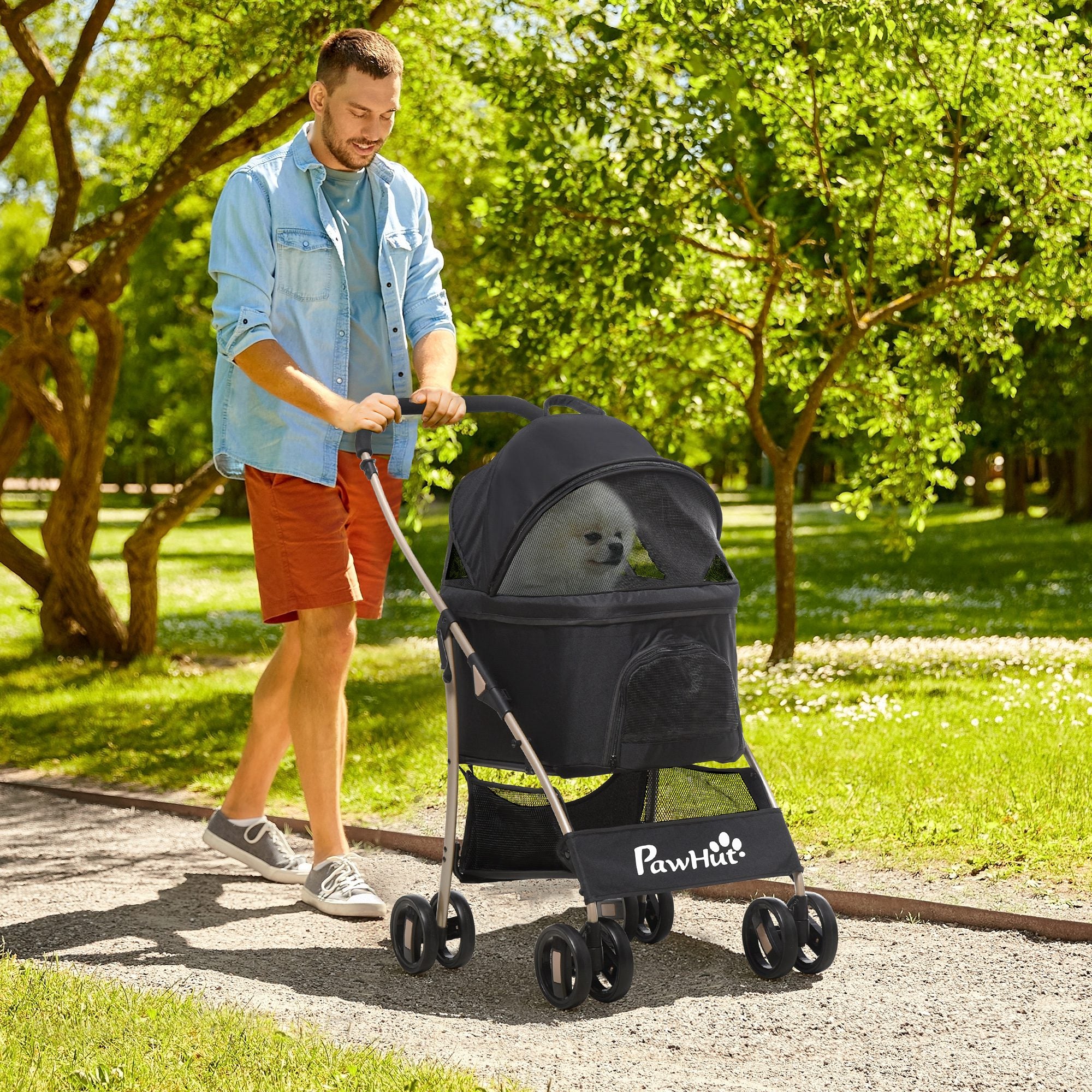 PawHut 2-in-1 Hundewagen und Transportkorb bis 10 kg Klappbar Netzfenster Bodenkorb 82 cm x 49,5 cm x 98 cm Schwarz