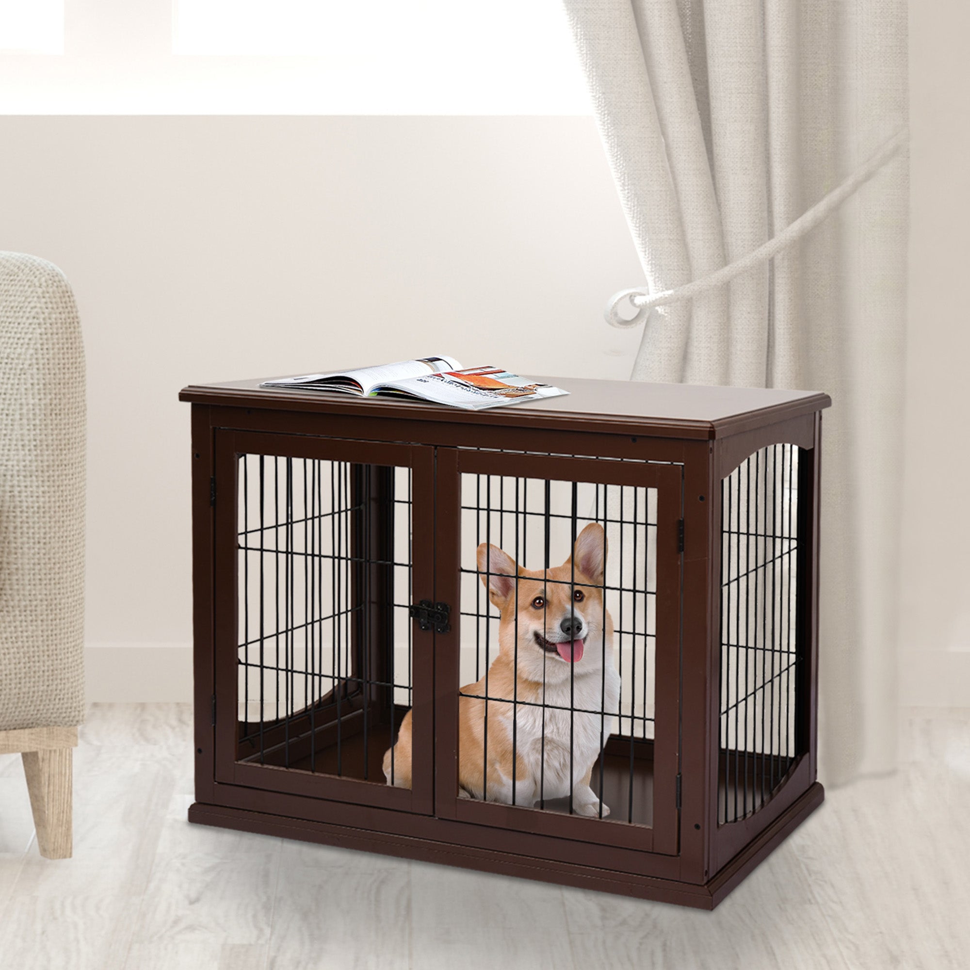 PawHut Hundebox, 2 Eingänge, abschließbar, MDF und Metall, 58,4 x 81,3 x 66 cm, Schwarz