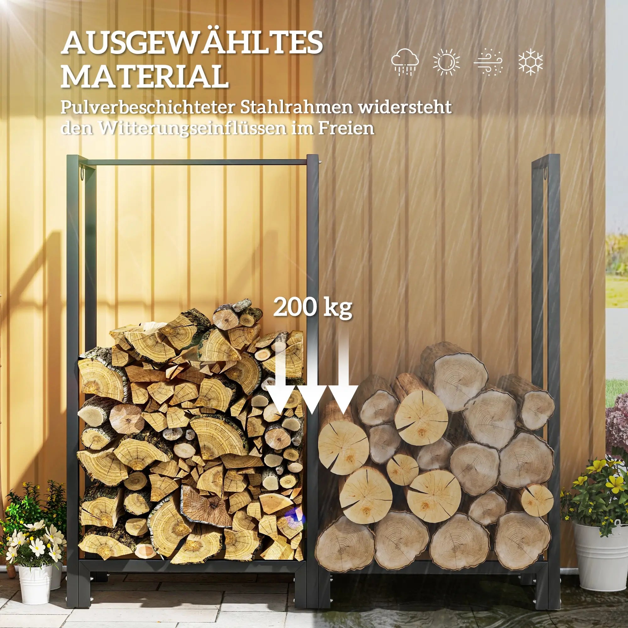 Outsunny Feuerholzgestell, zwei Abschnitte, rostfreier Stahlrahmen, bis 200 kg, 123 x 32 x 115 cm, Schwarz