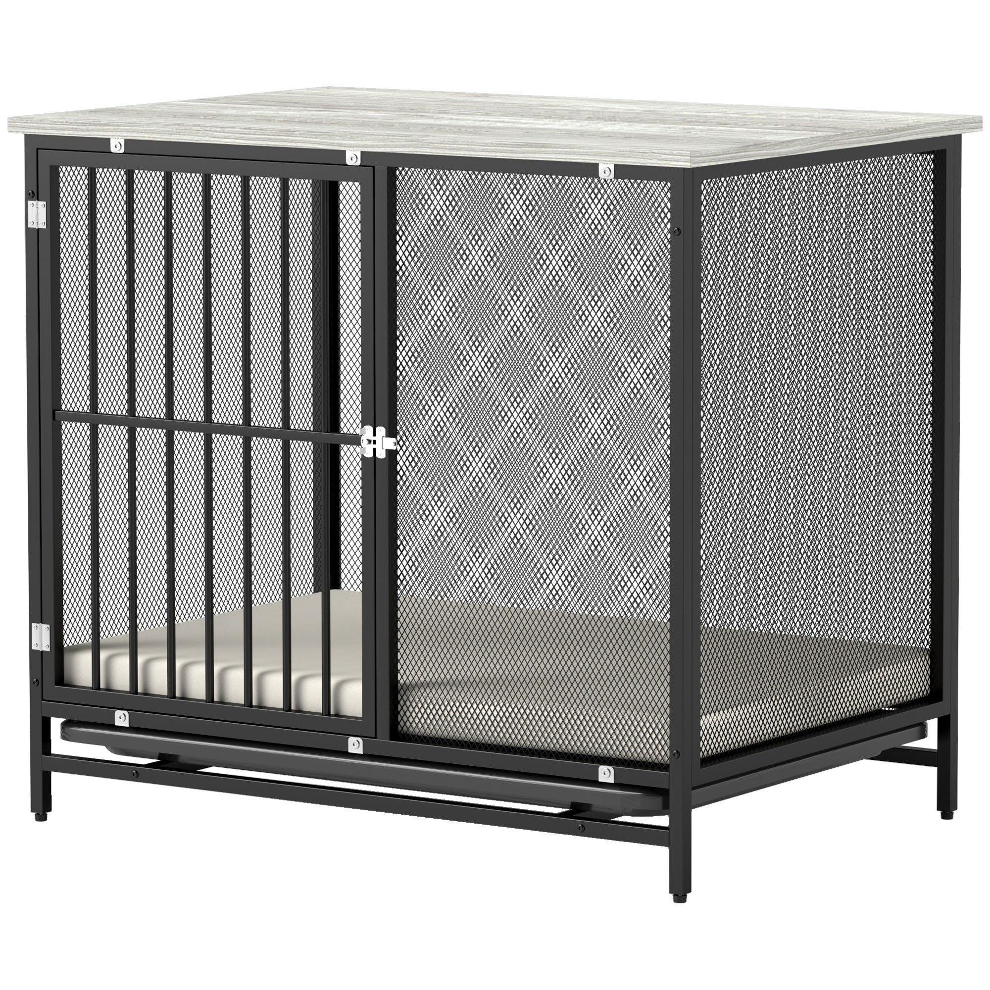 PawHut Hundebox mit gepolsterter Liegefläche, erhöhte Bodenwanne, verstellbare Füße, 80x55x71 cm, Eiche/Schwarz