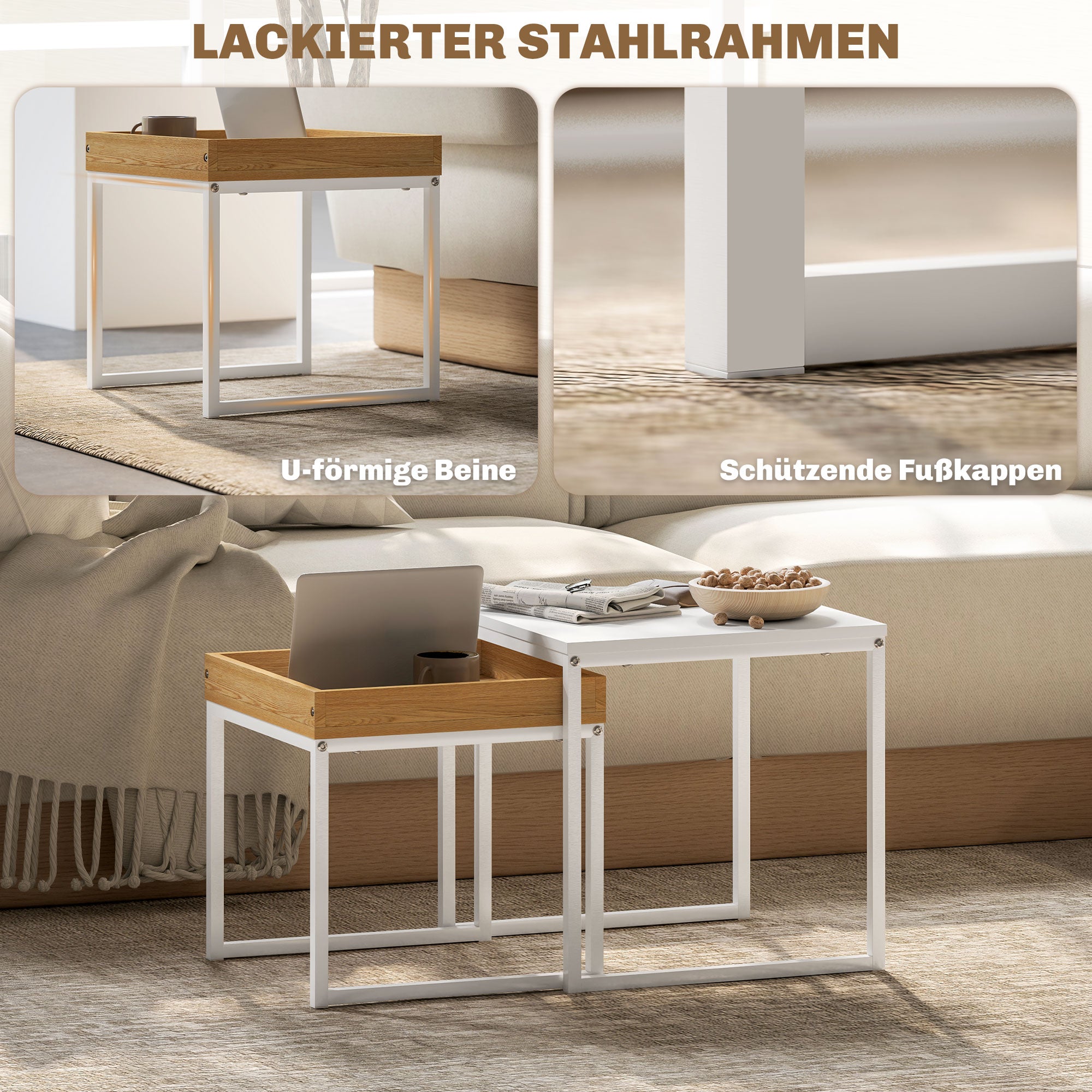 HOMCOM Moderner Couchtisch, 2er-Set Sofatisch, für kleine Räume, Quadratisch, MDF, Metall, Weiß