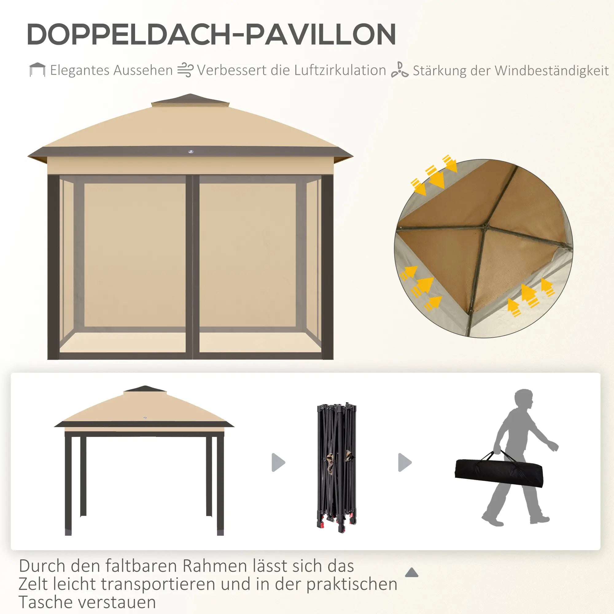 Faltpavillon 3,3x3,3?m mit Doppeldach & Seitenteilen, Beige