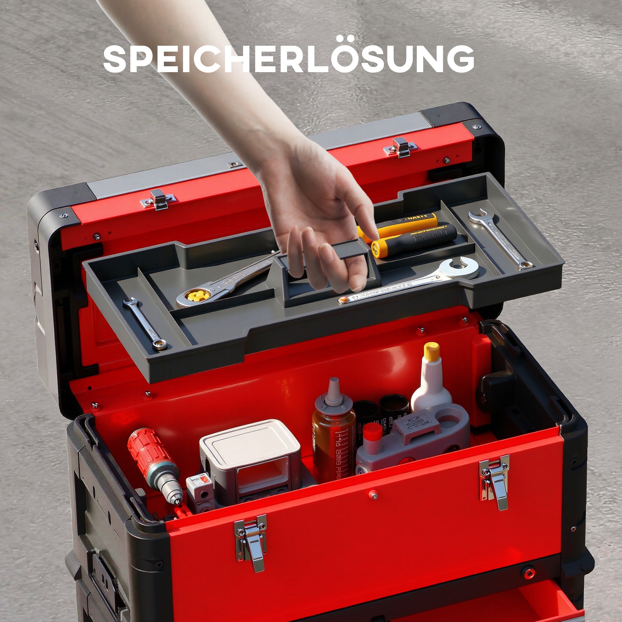 HOMCOM 3-stufiges Werkzeugkasten-Set, mit Rädern, ineinandergreifend, Stahl, Kunststoff