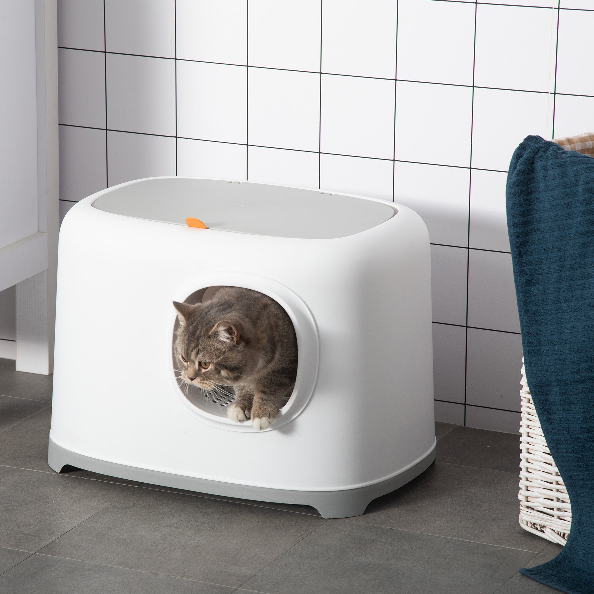 PawHut Katzenklo mit Deckel Katzentoilette mit Haube Schaufel Gitterboden XXL Katzentoilette für Katzen bis 5 kg 55 x 40 x 39 cm Weiß
